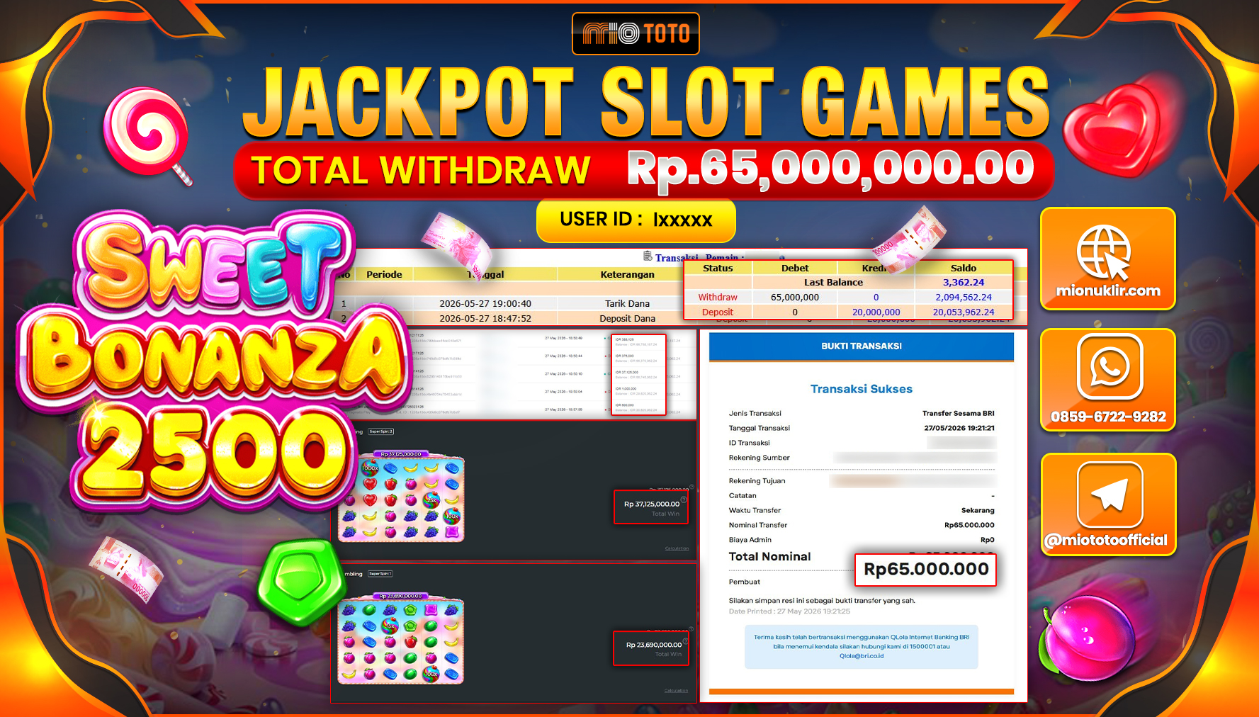 JACKPOT SLOT SWEET BONANZA 2500 Rp.65,000,000 DI BAYAR TUNAI !!!