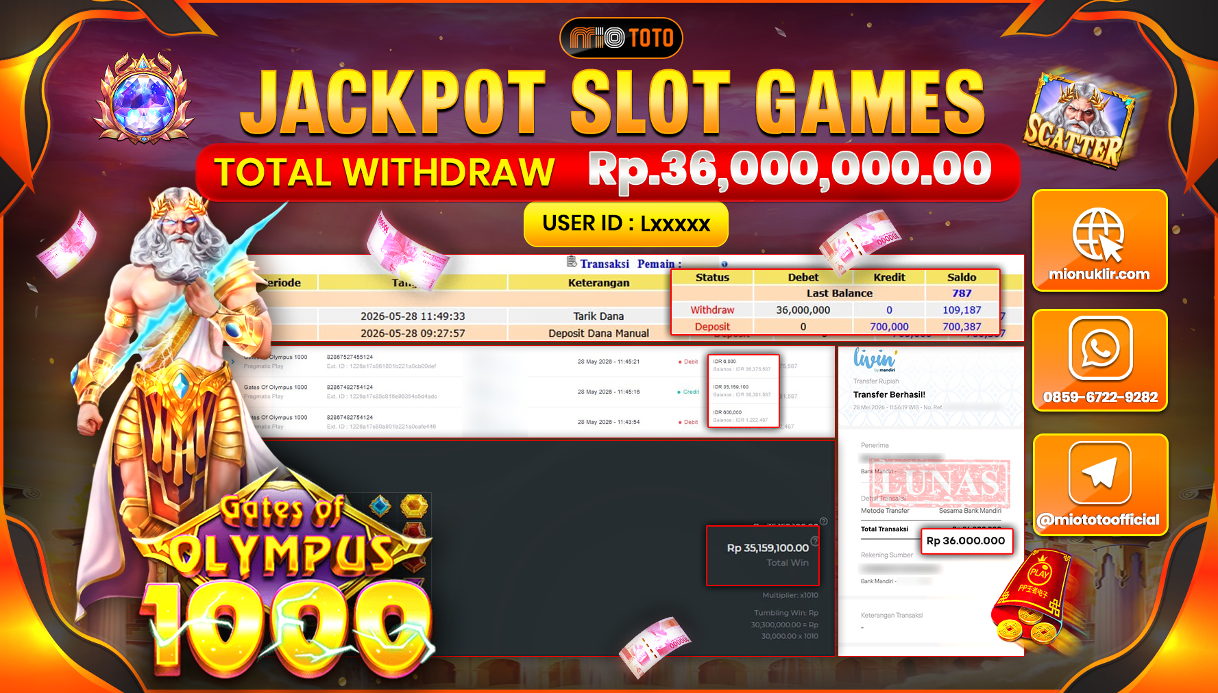 JACKPOT SLOT GATES OF OLYMPUS 1000 Rp.36,000,000 DI BAYAR TUNAI !!!