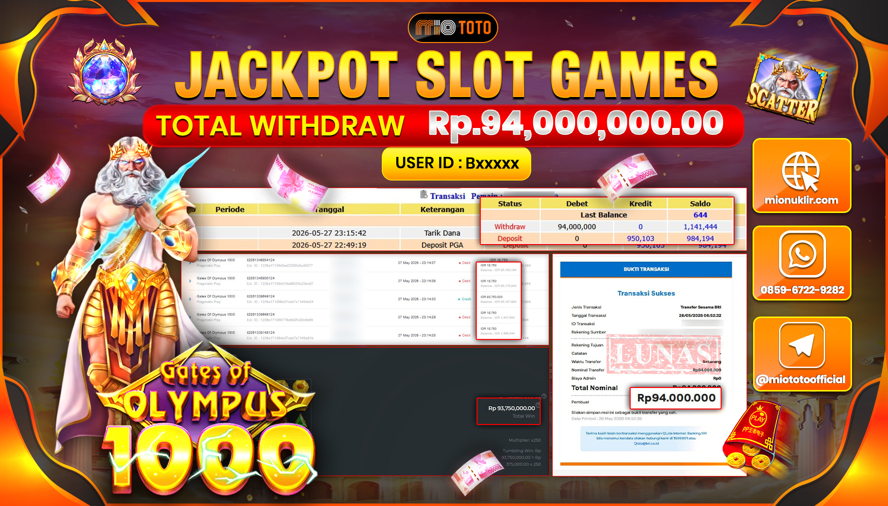 JACKPOT SLOT GATES OF OLYMPUS 1000 Rp.94,000,000 DI BAYAR TUNAI !!!