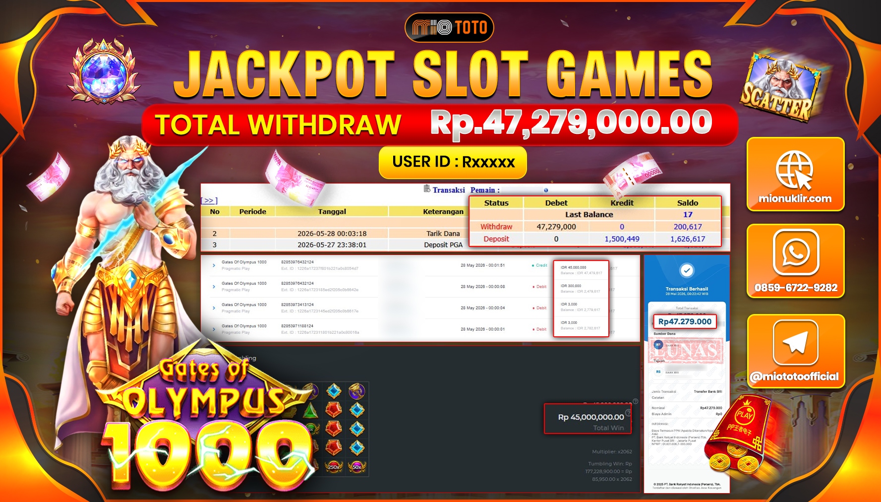 JACKPOT SLOT GATES OF OLYMPUS 1000 Rp.47,279,000 DI BAYAR TUNAI !!!