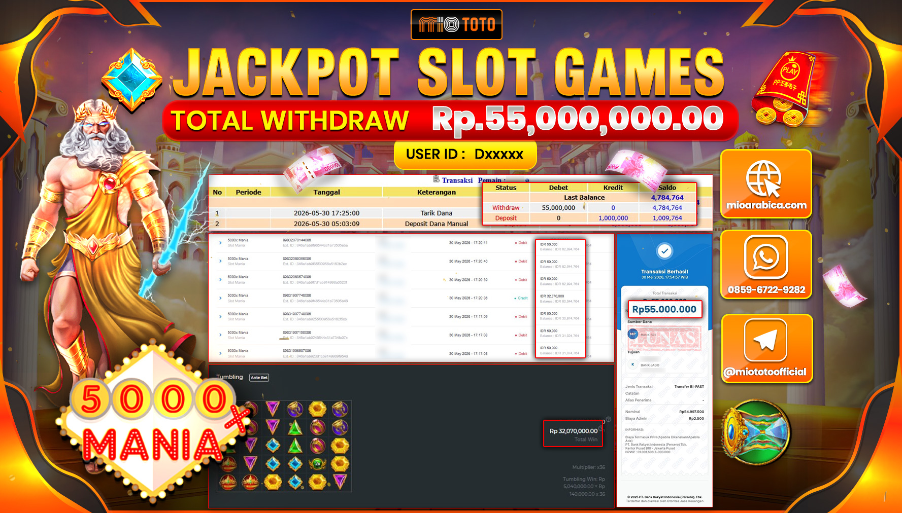 JACKPOT SLOT MANIA 5000X Rp.55,000,000 DI BAYAR TUNAI !!!
