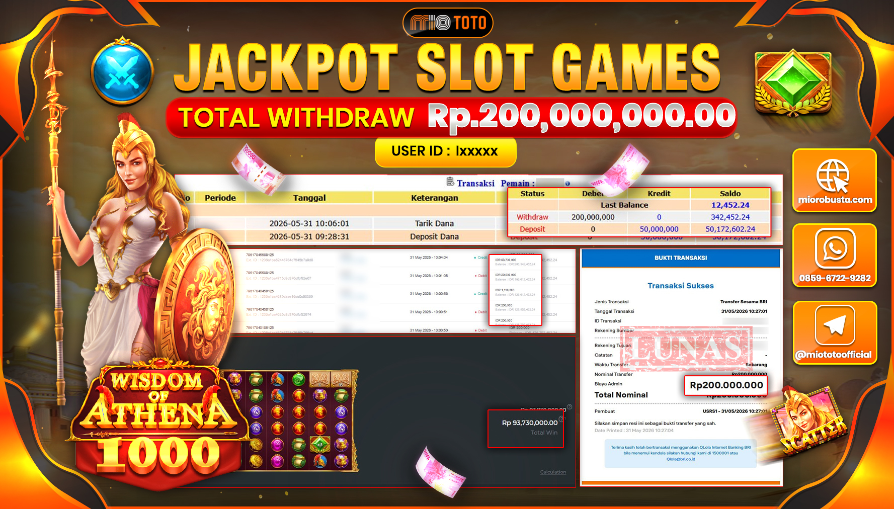 JACKPOT SLOT WISDOM OF ATHENA 1000 Rp.200,000,000 DI BAYAR TUNAI !!!