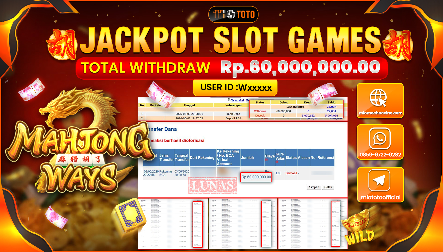 JACKPOT SLOT MAHJONG WAYS Rp.60,000,000 DI BAYAR TUNAI !!!