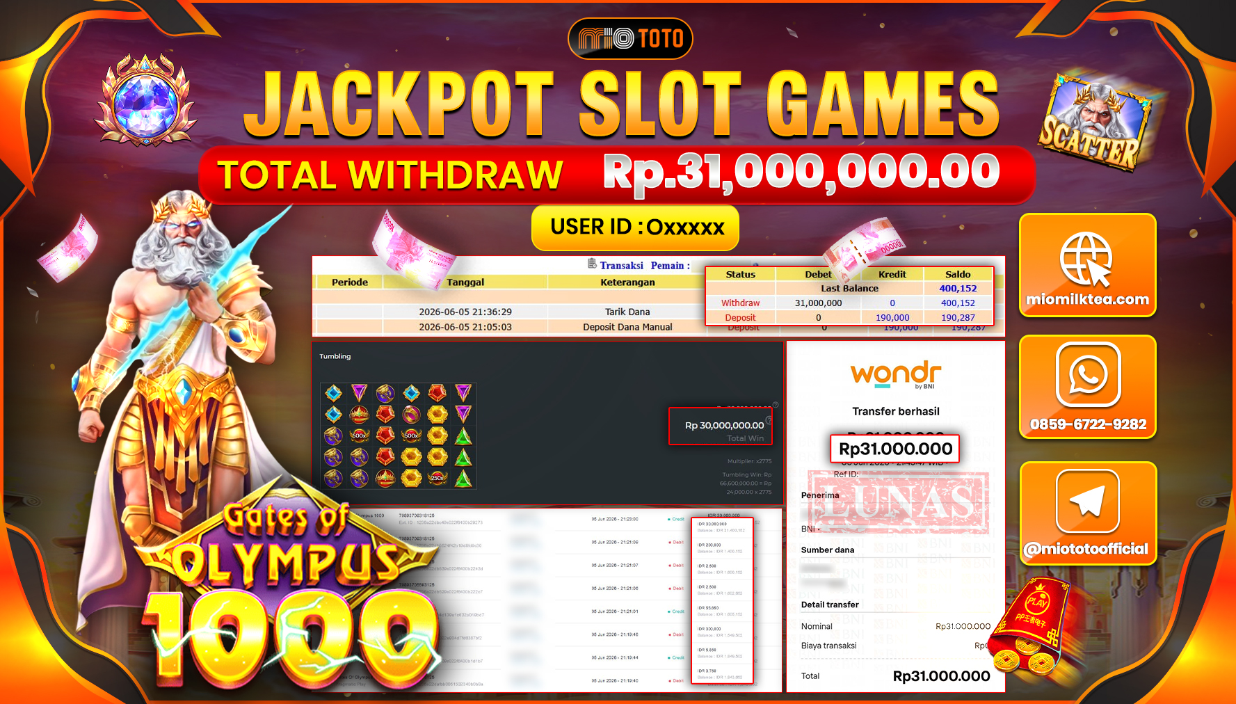 JACKPOT SLOT GATES OF OLYMPUS 1000 Rp.31,000,000 DI BAYAR TUNAI !!!