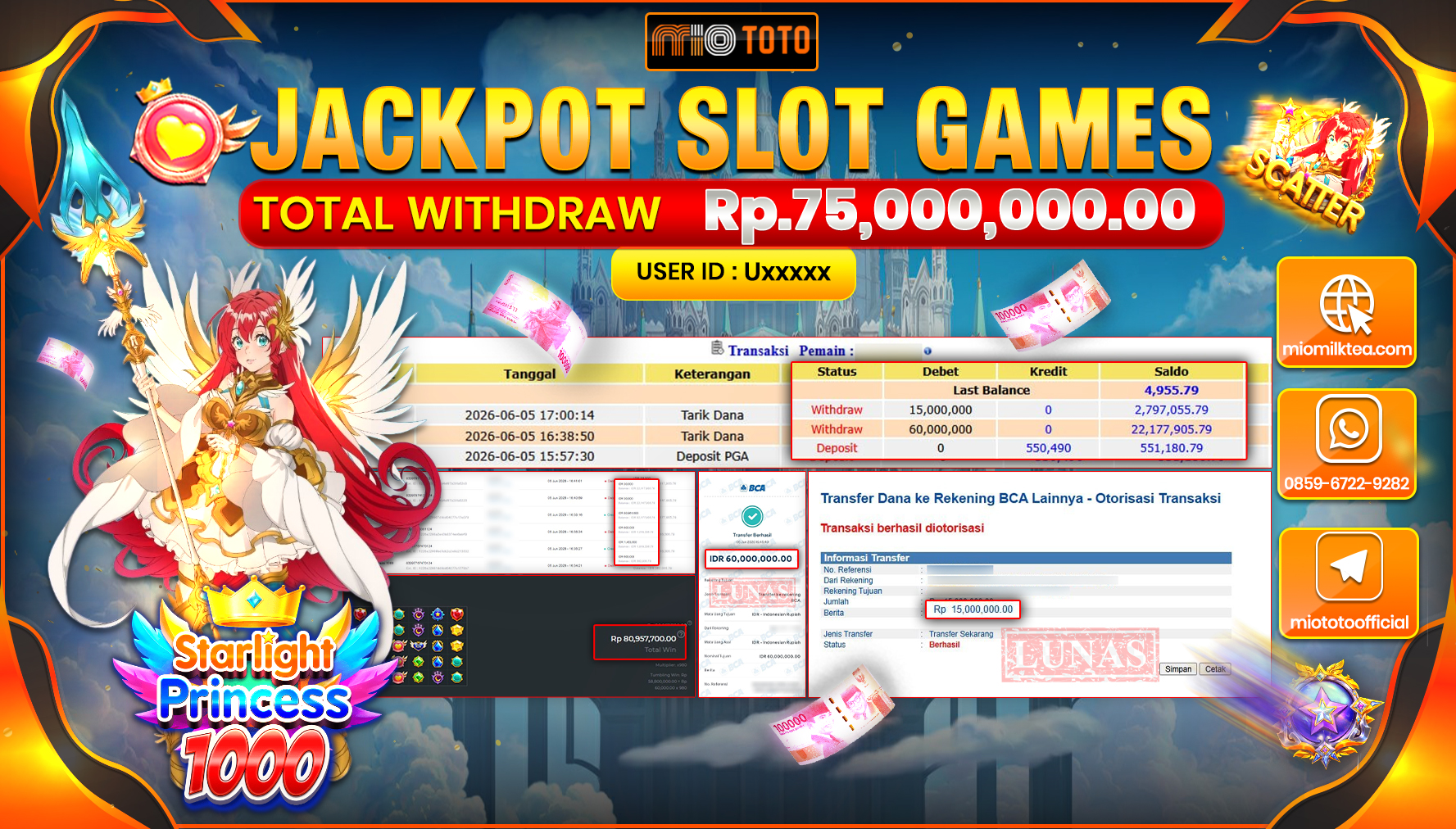 JACKPOT SLOT STARLIGHT PRINCESS 1000 Rp.75,000,000 DI BAYAR TUNAI !!!