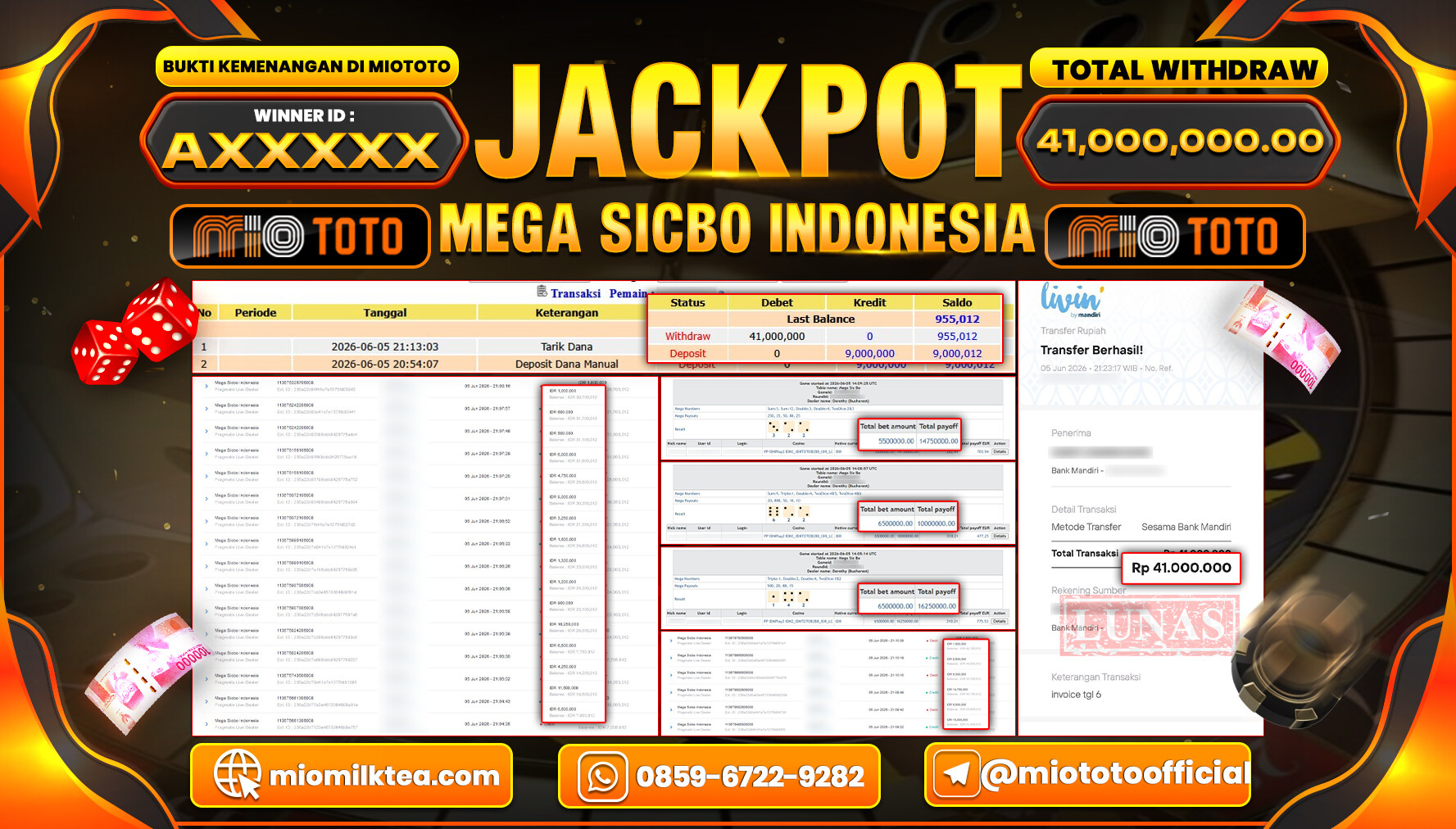 JACKPOT LIVE GAME MEGA SICBO INDONESIA Rp.41,000,000 DI BAYAR TUNAI !!!