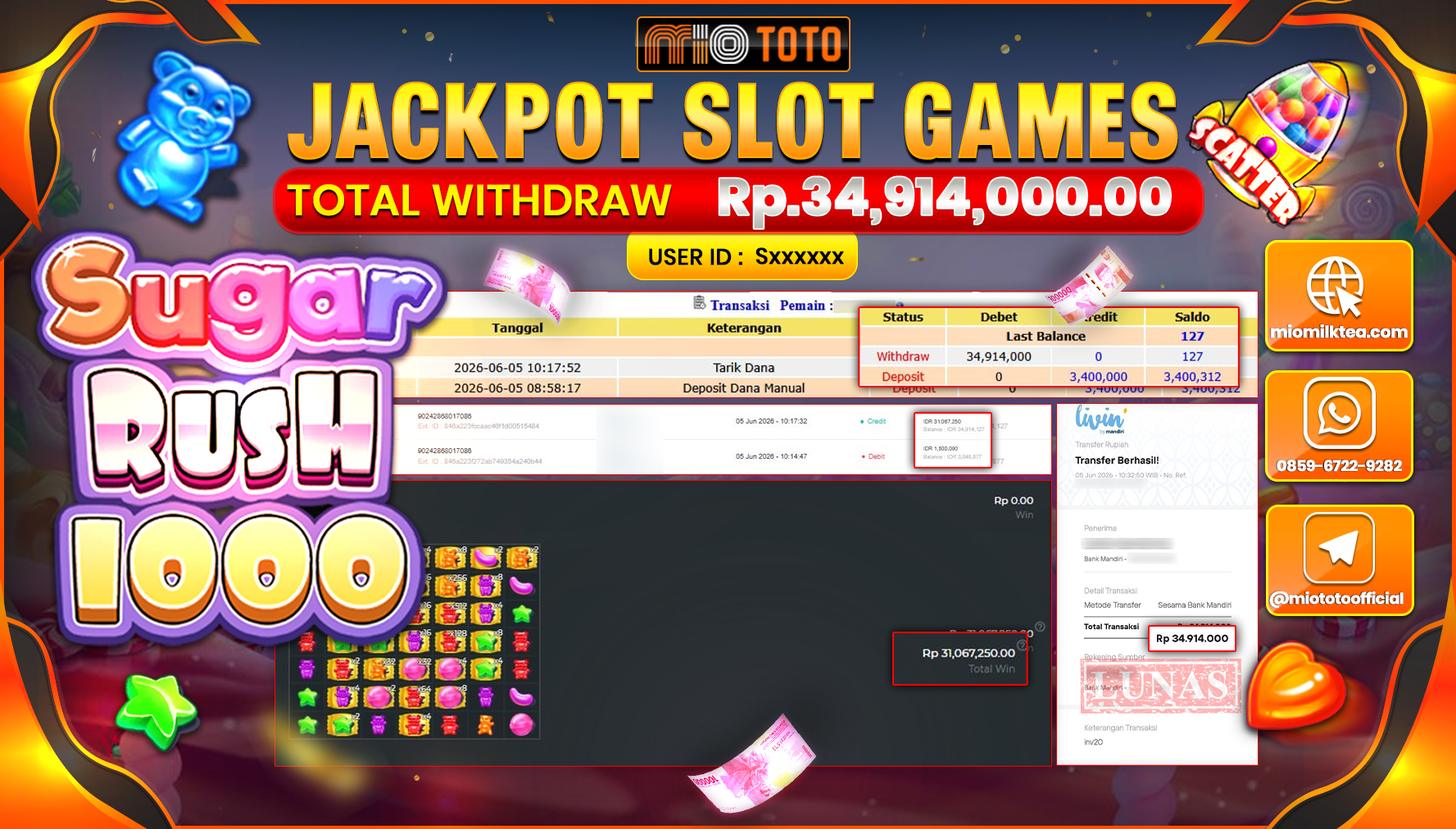 JACKPOT SLOT SUGAR RUSH 1000 Rp.34,914,000 DI BAYAR TUNAI !!!