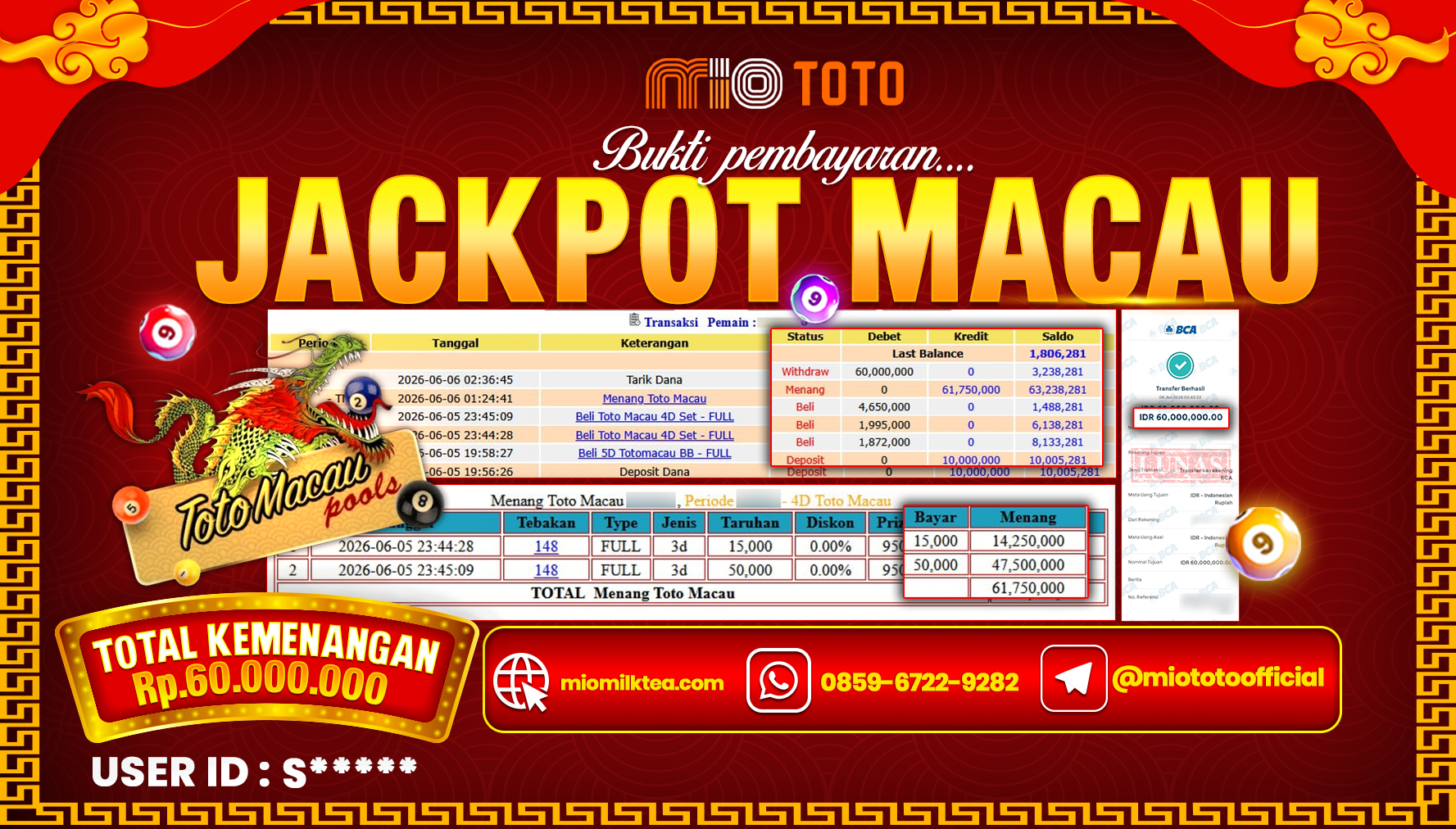 JACKPOT TOGEL TOTO MACAU 4D POOLS Rp.60,000,000 DI BAYAR TUNAI !!!