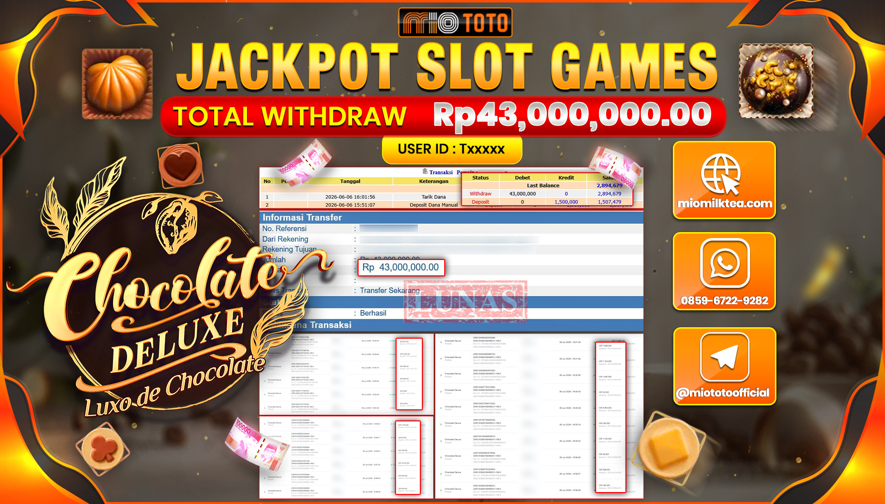 JACKPOT SLOT CHOCOLATE DELUXE Rp.43,000,000 DI BAYAR TUNAI !!!