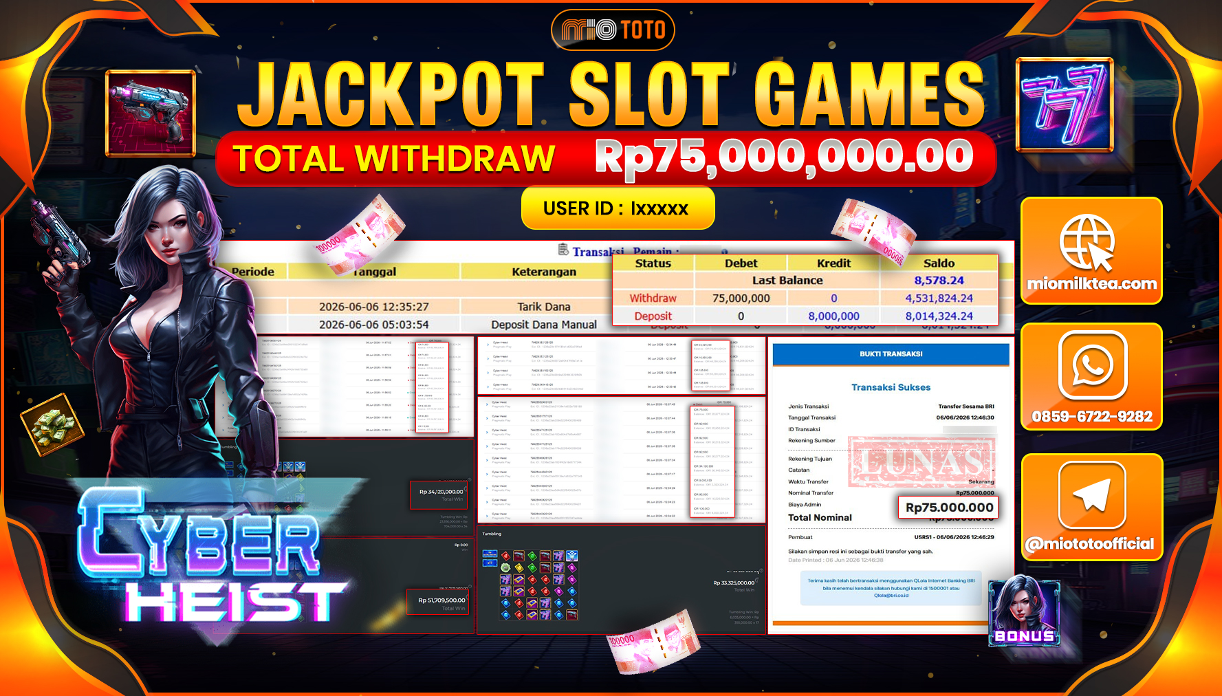 JACKPOT SLOT CYBER HEIST Rp.75,000,000 DI BAYAR TUNAI !!!