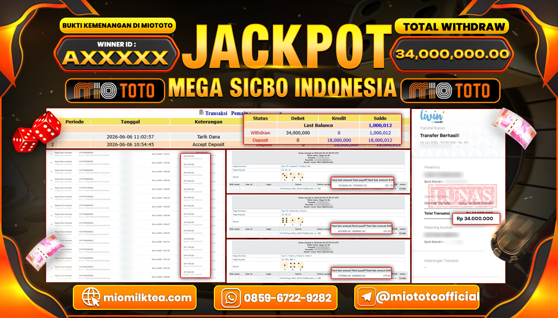 JACKPOT LIVE GAME MEGA SICBO INDONESIA Rp.34,000,000 DI BAYAR TUNAI !!!