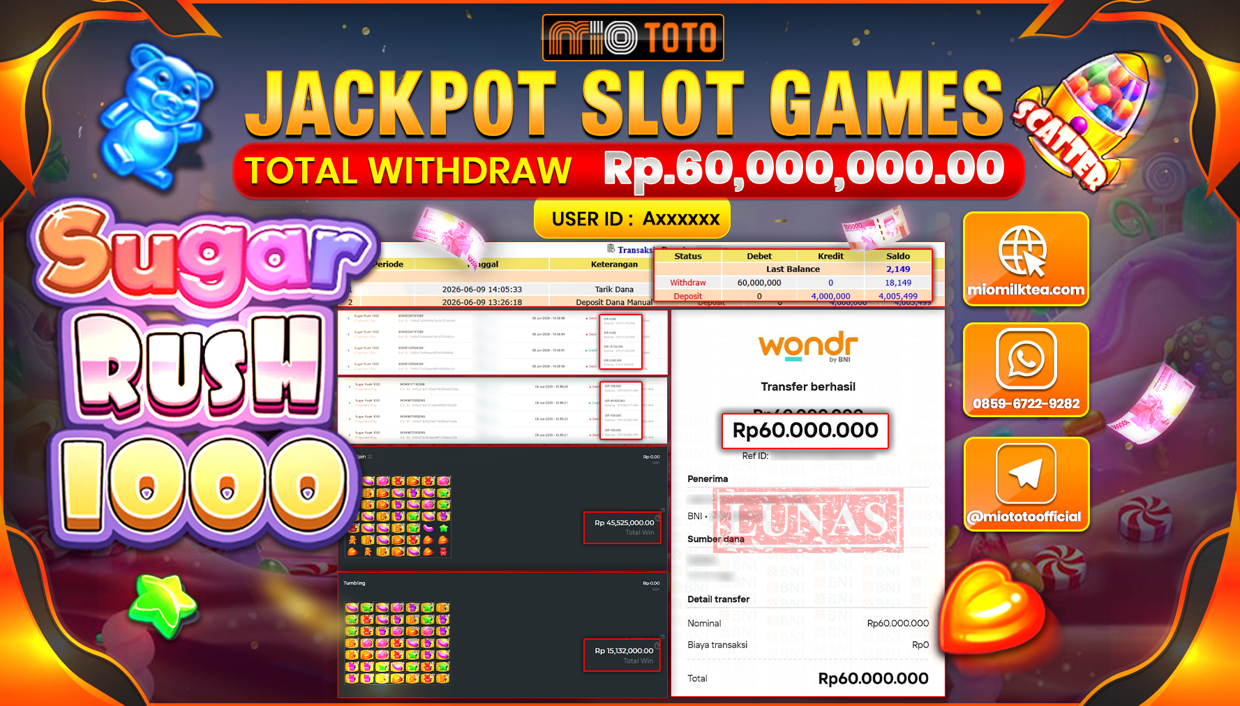 JACKPOT SLOT SUGAR RUSH 1000 Rp.60,000,000 DI BAYAR TUNAI !!!