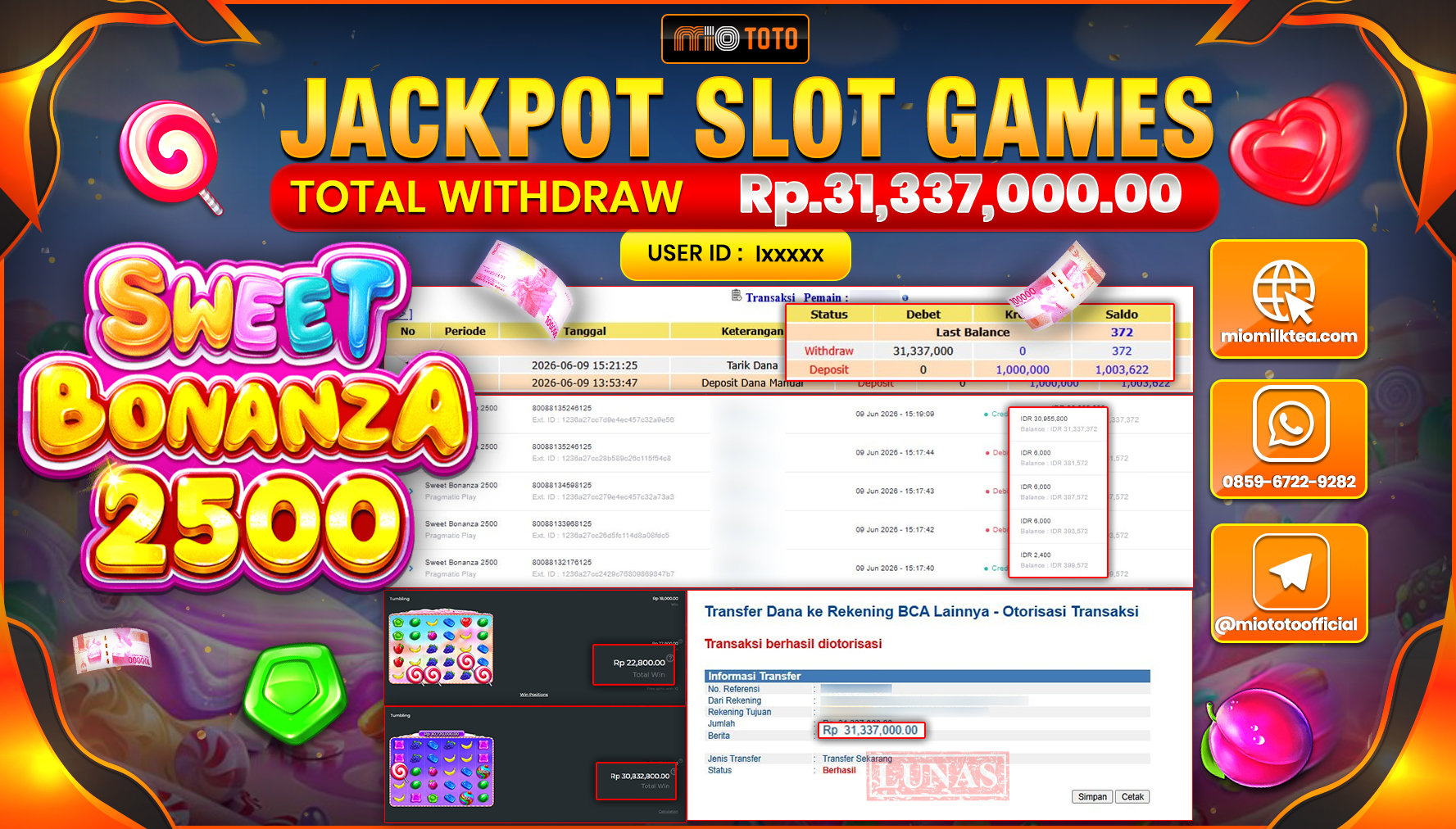 JACKPOT SLOT SWEET BONANZA 2500 Rp.31,337,000 DI BAYAR TUNAI !!!