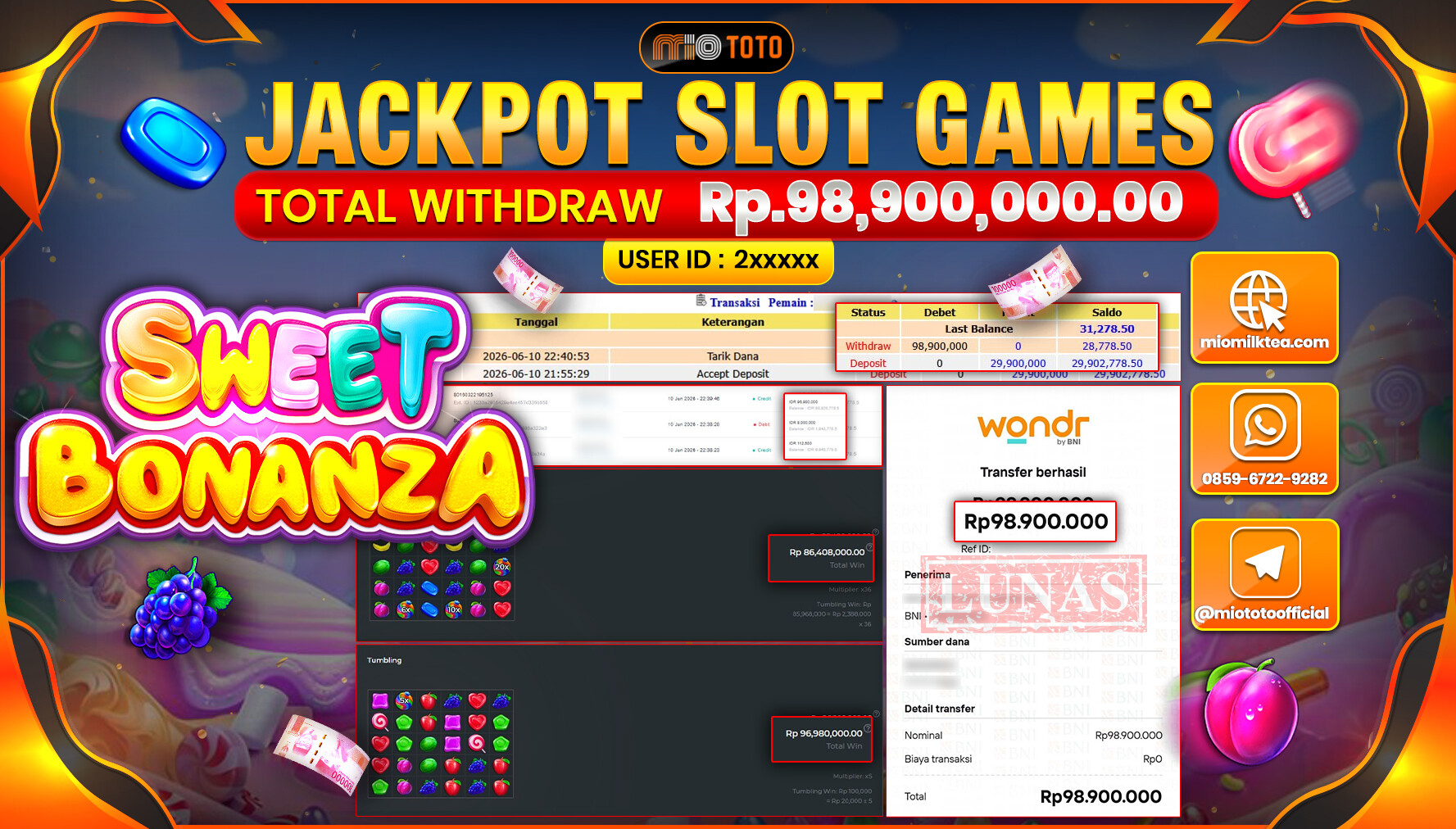 JACKPOT SLOT SWEET BONANZA Rp.98,900,000 DI BAYAR TUNAI !!!