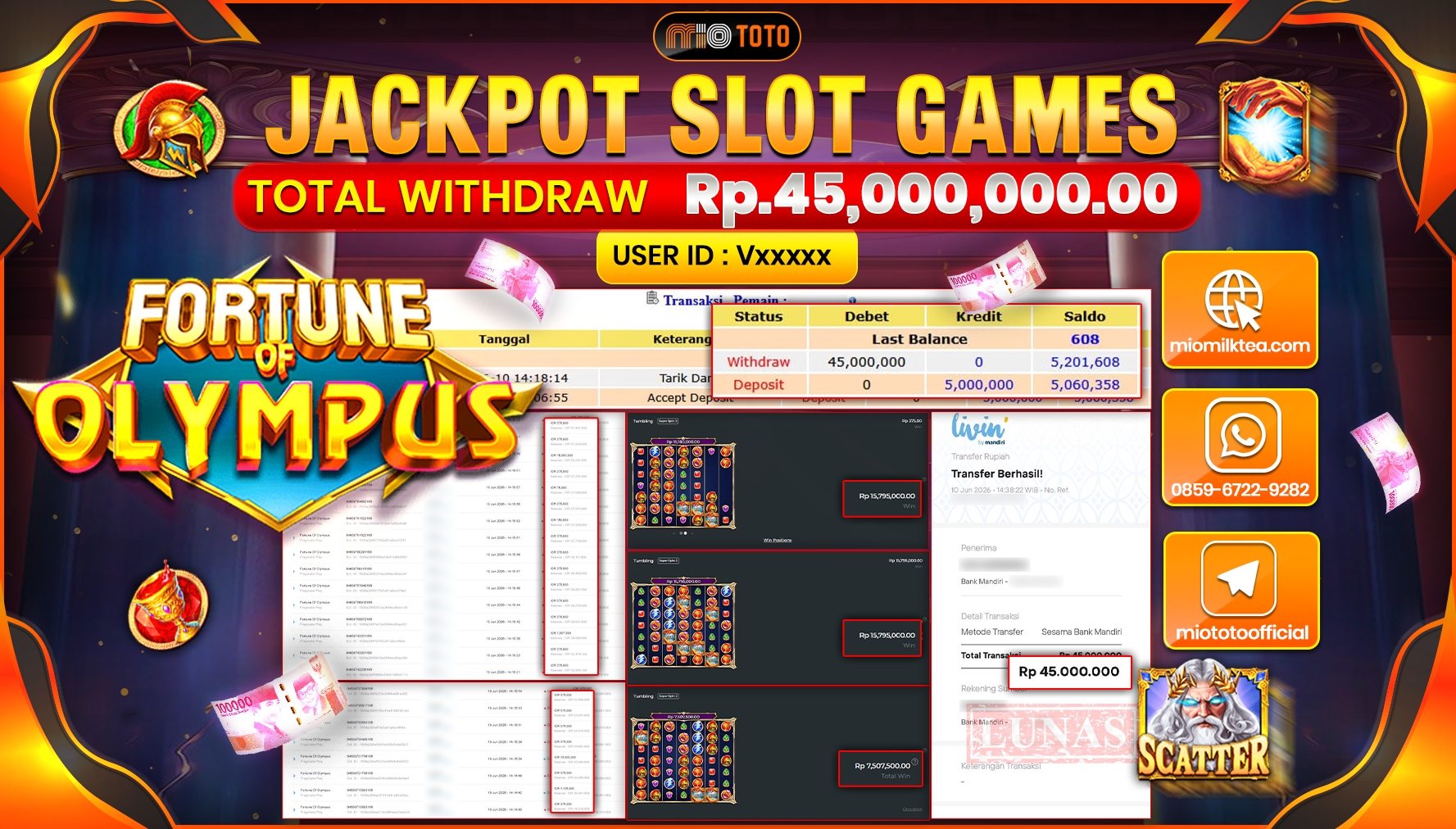 JACKPOT SLOT FORTUNE OF OLYMPUS Rp.45,000,000 DI BAYAR TUNAI !!!