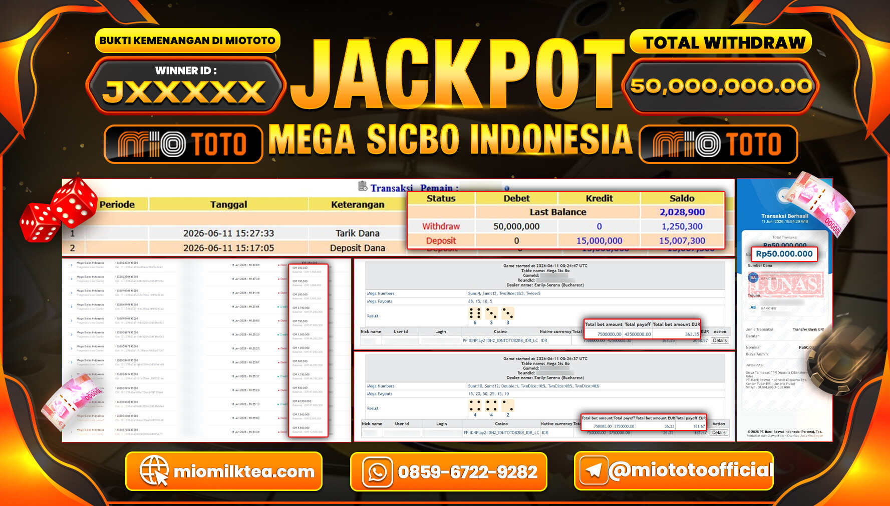 JACKPOT LIVE GAME MEGA SICBO INDONESIA Rp.50,000,000 DI BAYAR TUNAI !!!