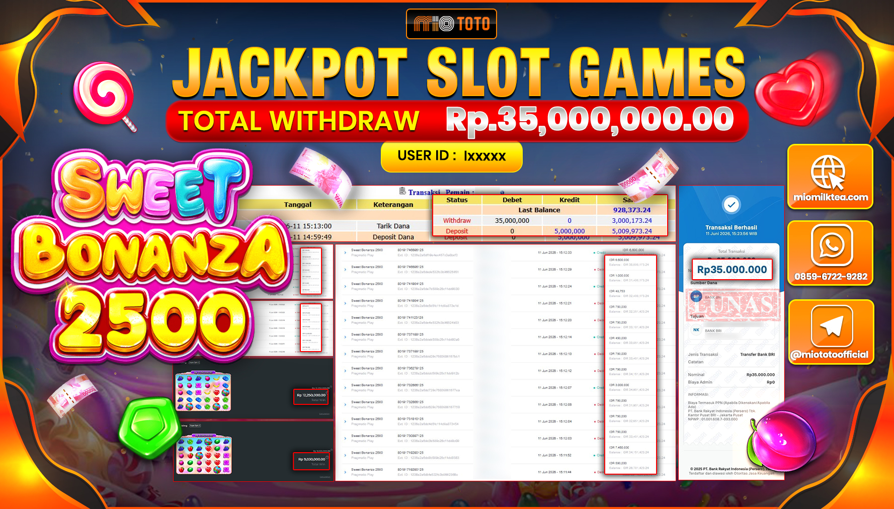 JACKPOT SLOT SWEET BONANZA 2500 Rp.35,000,000 DI BAYAR TUNAI !!!