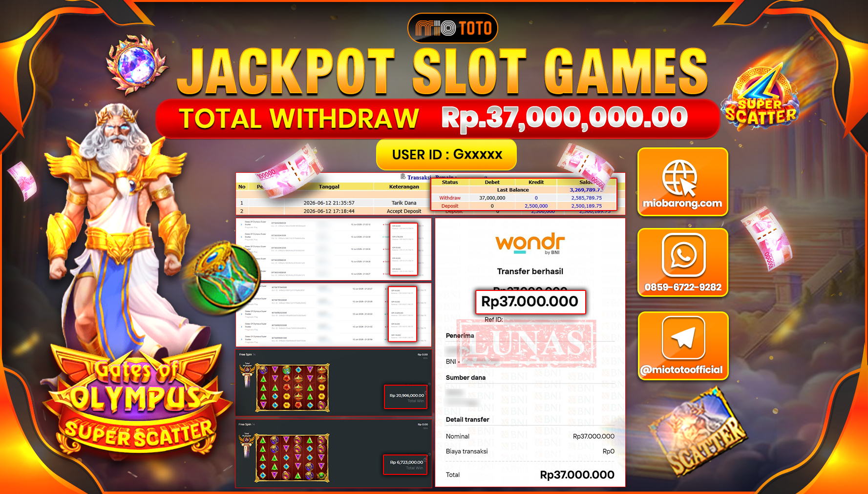 JACKPOT SLOT GATES OF OLYMPUS SUPER SCATTER Rp.37,000,000 DI BAYAR TUNAI !!!