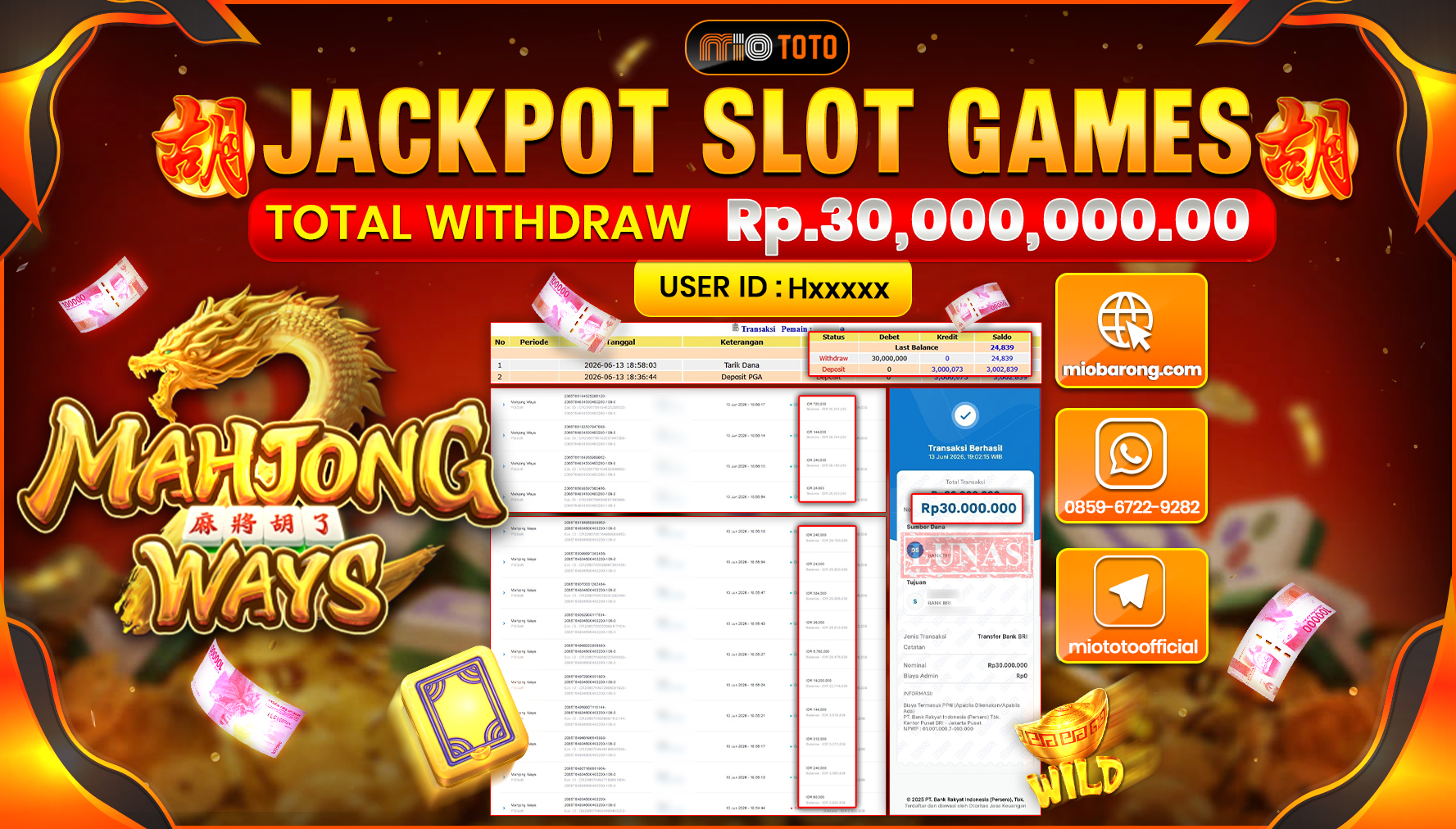 JACKPOT SLOT MAHJONG WAYS Rp.30,000,000 DI BAYAR TUNAI !!!