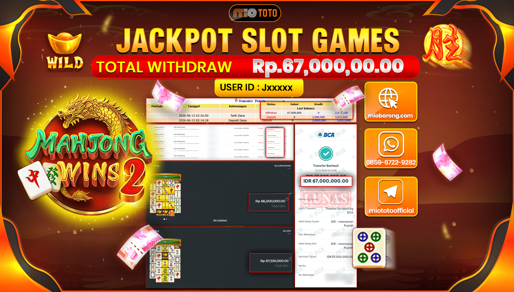 JACKPOT SLOT MAHJONG WINS 2 Rp.67,000,000 DI BAYAR TUNAI !!!