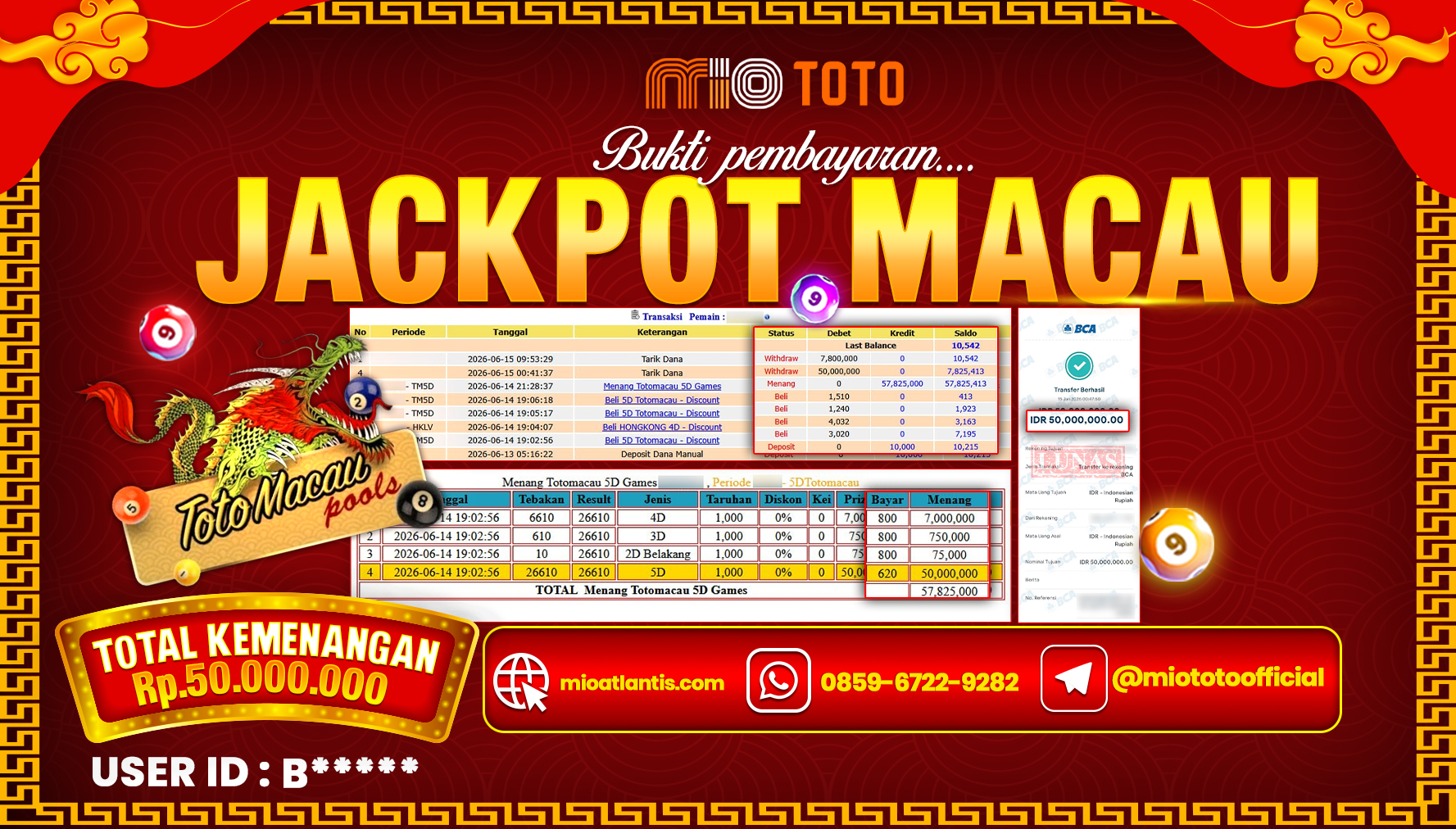 JACKPOT TOGEL TOTO MACAU 5D POOLS Rp.50,000,000 DI BAYAR TUNAI !!!