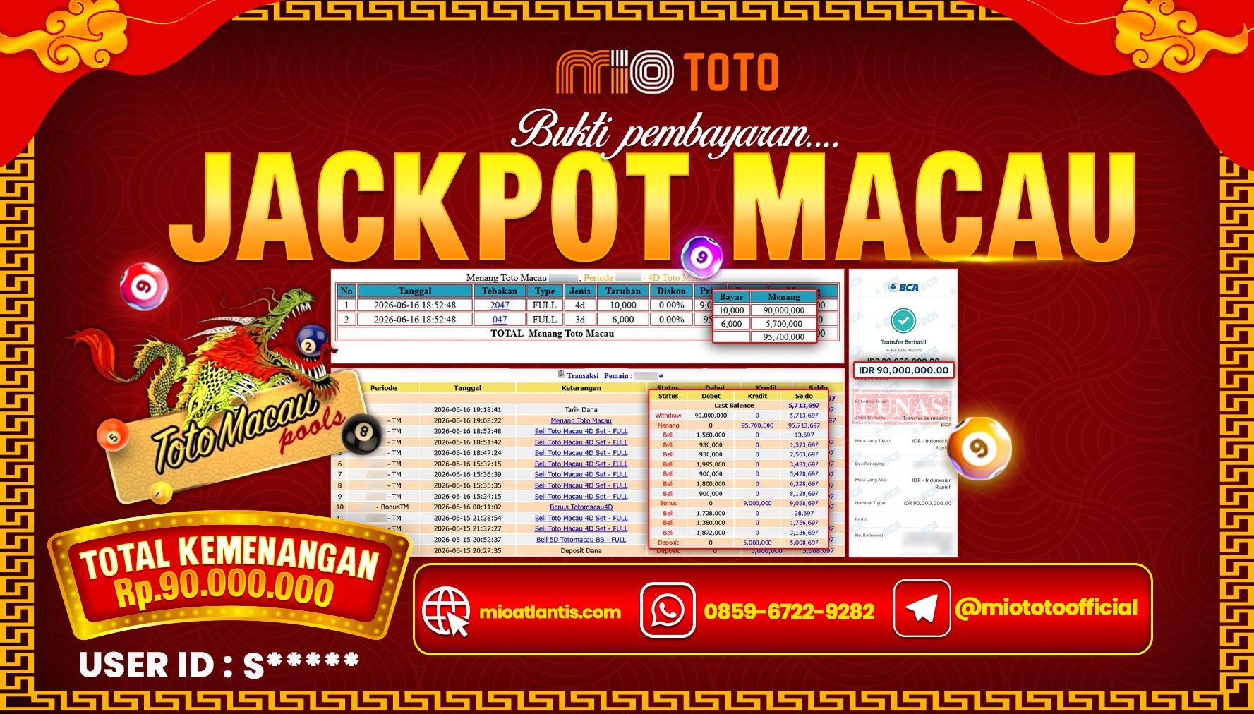 JACKPOT TOGEL TOTO MACAU 4D POOLS Rp.90,000,000 DI BAYAR TUNAI !!!