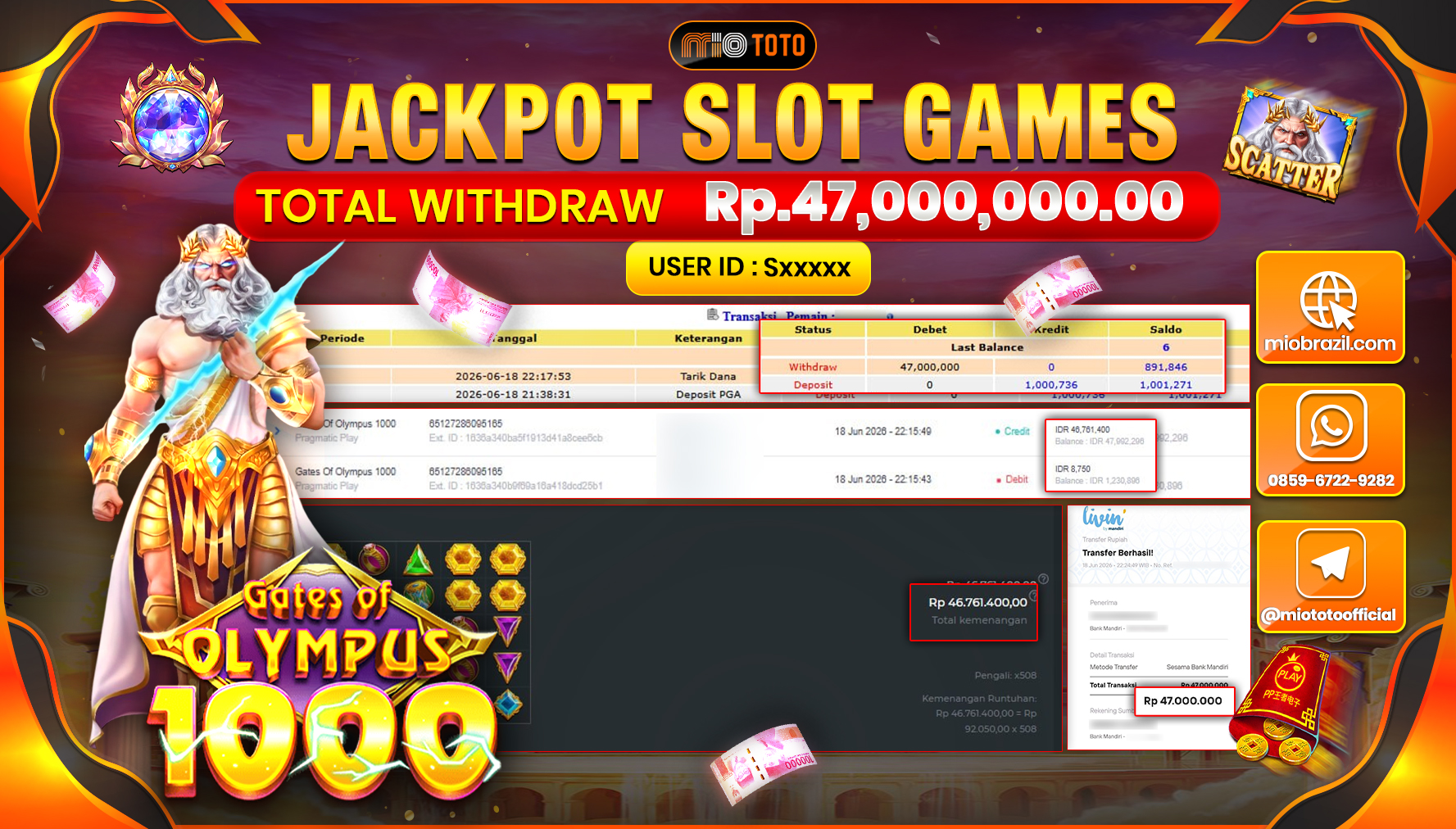 JACKPOT SLOT GATES OF OLYMPUS 1000 Rp.47,000,000 DI BAYAR TUNAI !!!