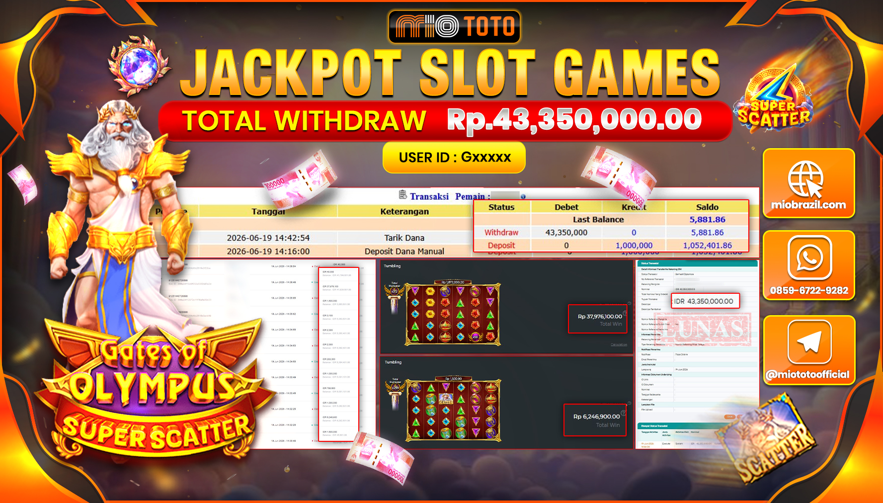 JACKPOT SLOT GATES OF OLYMPUS SUPER SCATTER Rp.43,350,000 DI BAYAR TUNAI !!!
