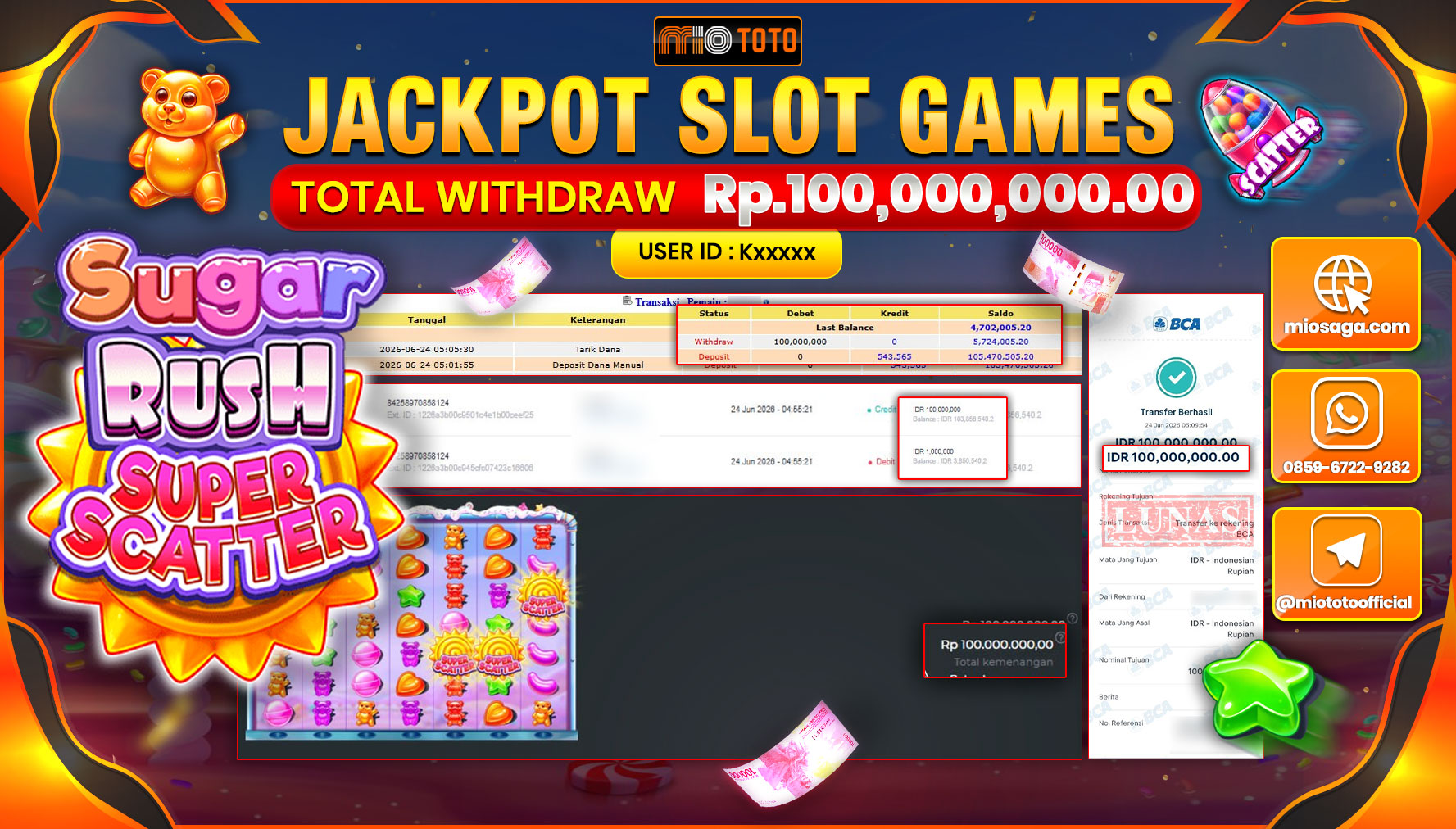 JACKPOT SLOT SUGAR RUSH SUPER SCATTER Rp.100,000,000 DI BAYAR TUNAI !!!