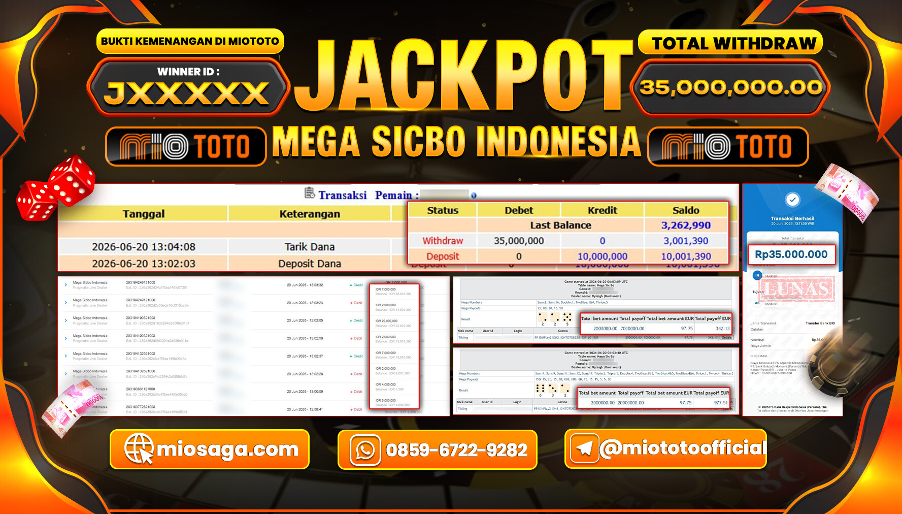 JACKPOT LIVE GAME MEGA SICBO INDONESIA Rp.35,000,000 DI BAYAR TUNAI !!!