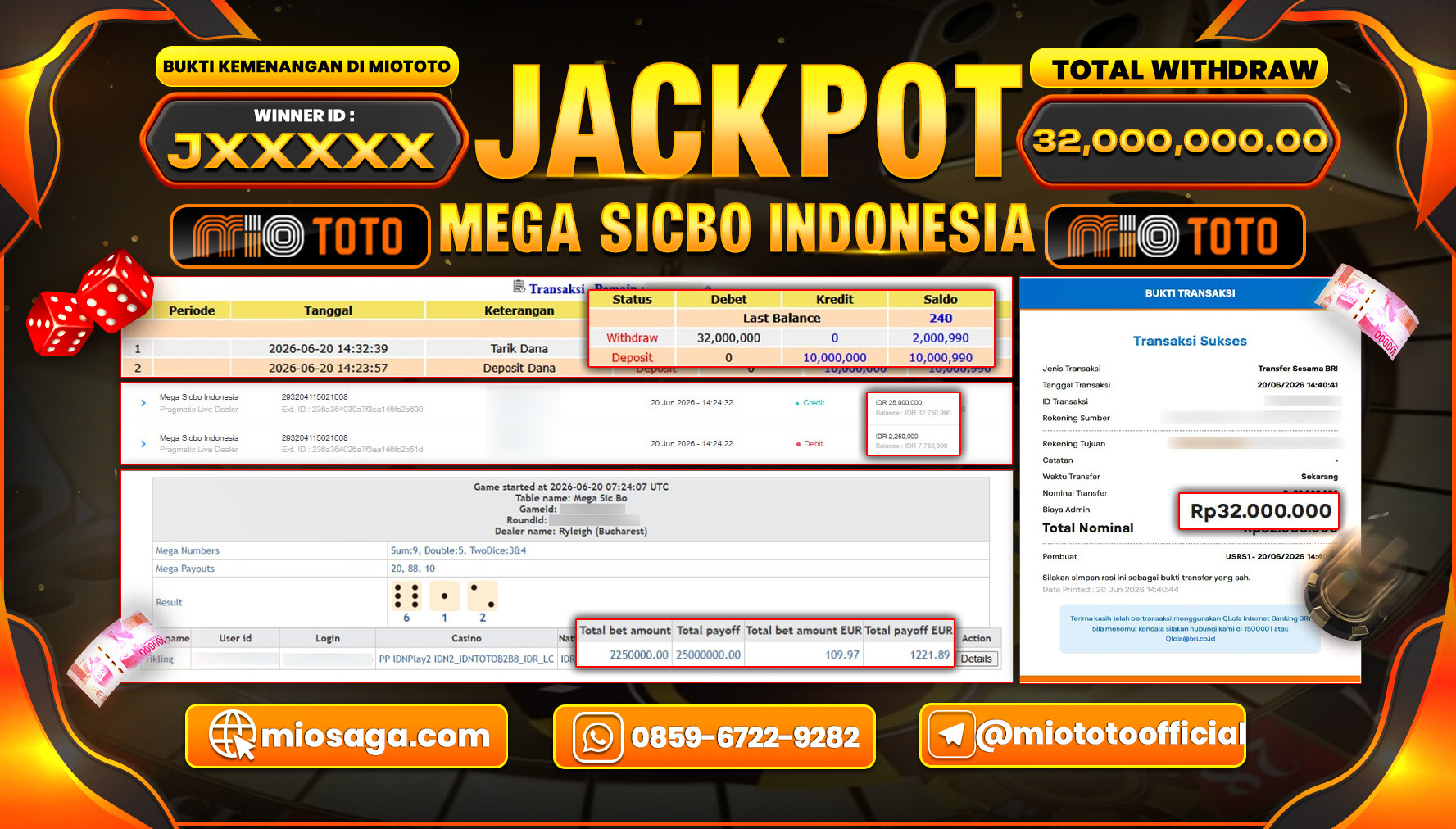 JACKPOT LIVE GAME MEGA SICBO INDONESIA Rp.32,000,000 DI BAYAR TUNAI !!!
