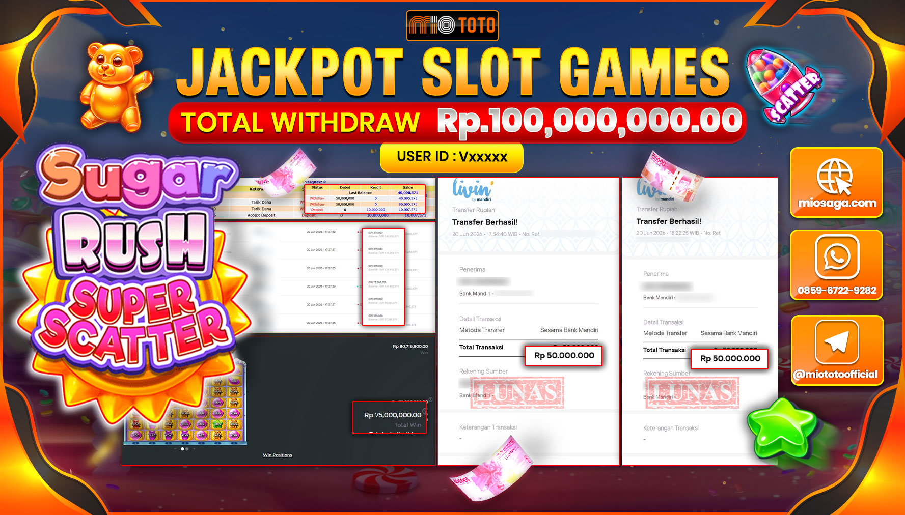 JACKPOT SLOT SUGAR RUSH SUPER SCATTER Rp.100,000,000 DI BAYAR TUNAI !!!