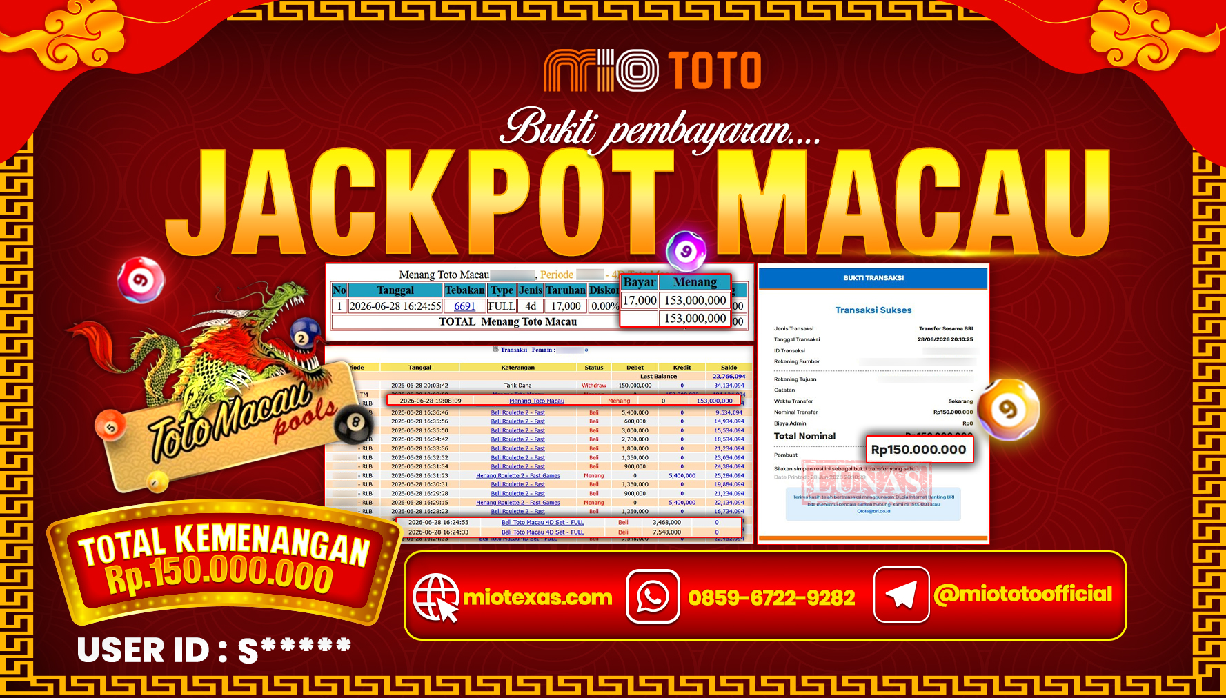 JACKPOT TOGEL TOTO MACAU 4D POOLS Rp.150,000,000 DI BAYAR TUNAI !!!