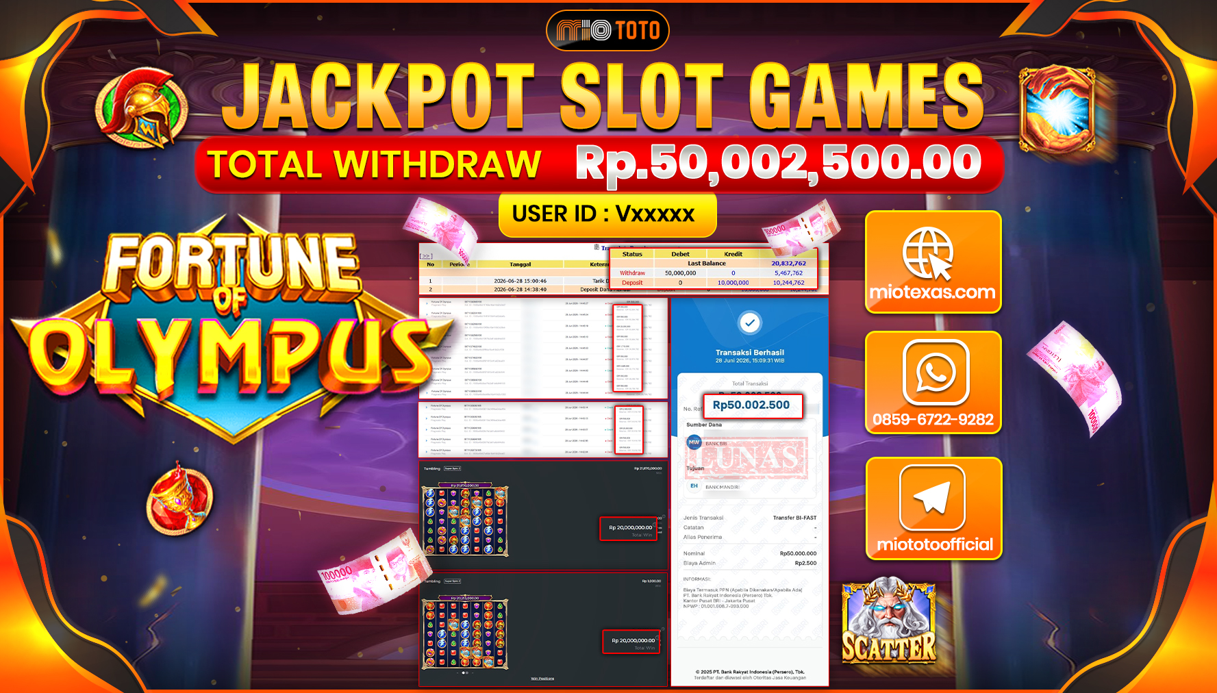 JACKPOT SLOT FORTUNE OF OLYMPUS Rp.50,002,500 DI BAYAR TUNAI !!!