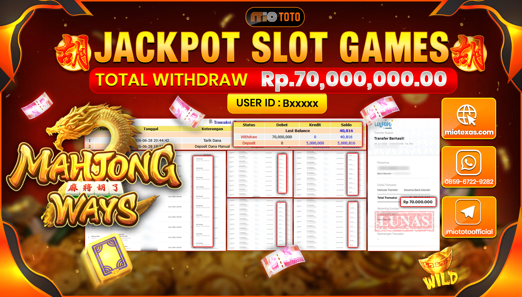 JACKPOT SLOT MAHJONG WAYS Rp.70,000,000 DI BAYAR TUNAI !!!