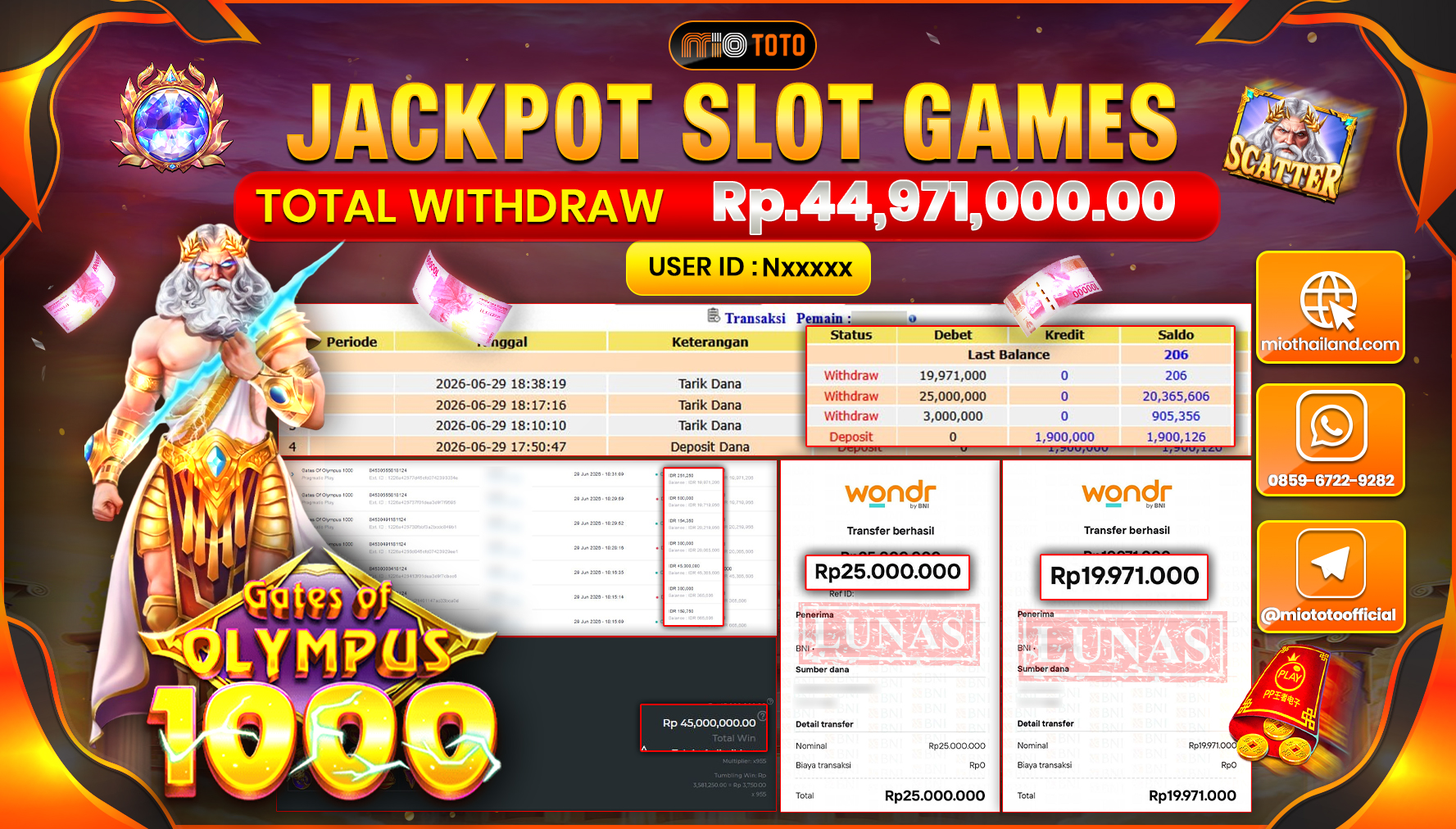 JACKPOT SLOT GATES OF OLYMPUS 1000 Rp.44,971,000 DI BAYAR TUNAI !!!