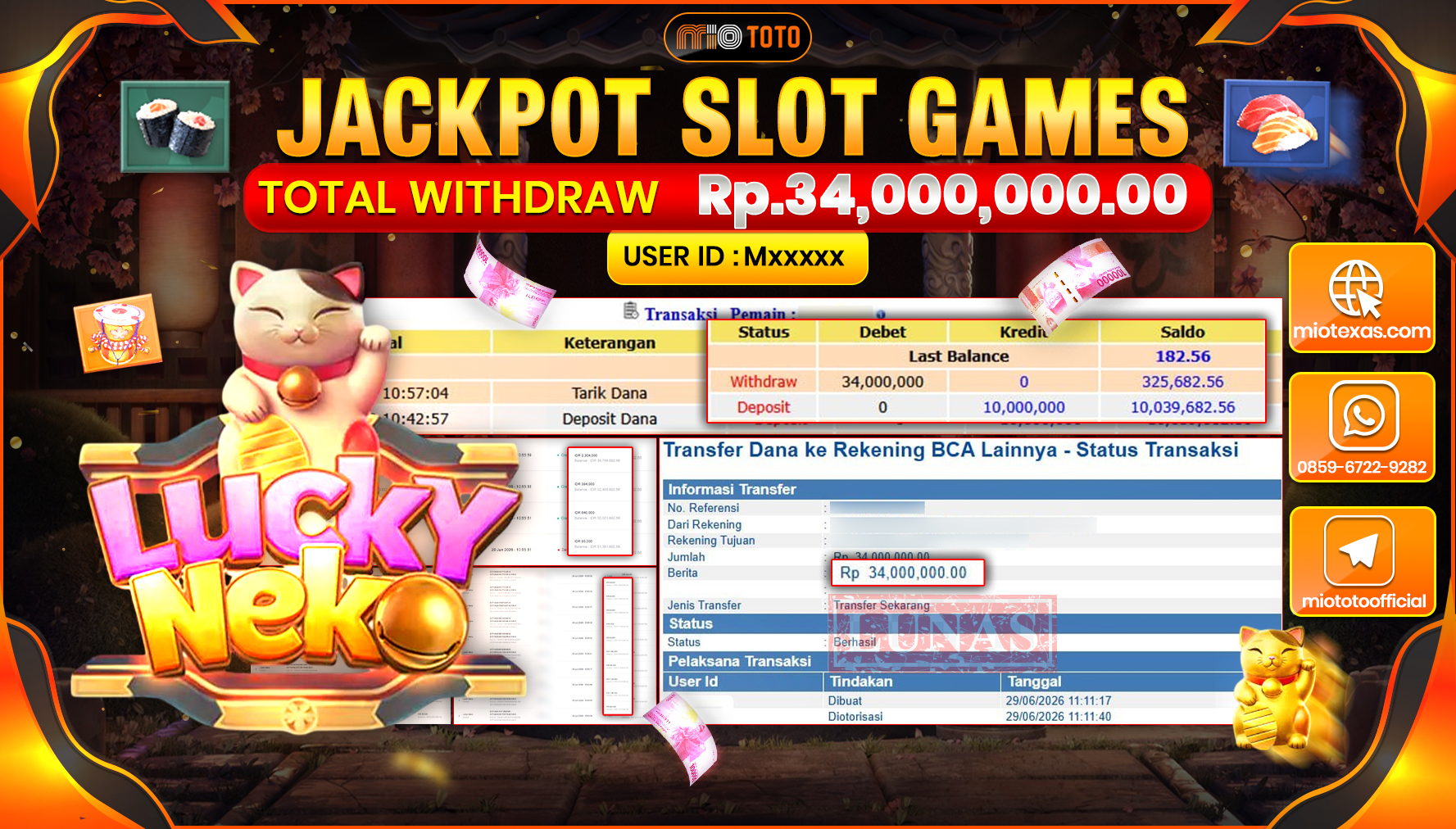 JACKPOT SLOT LUCKY NEKO Rp.34,000,000 DI BAYAR TUNAI !!!