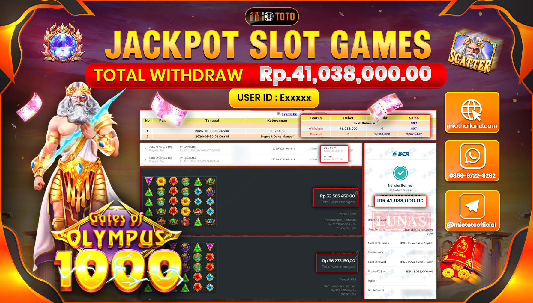 JACKPOT SLOT GATES OF OLYMPUS 1000 Rp.41,038,000 DI BAYAR TUNAI !!!