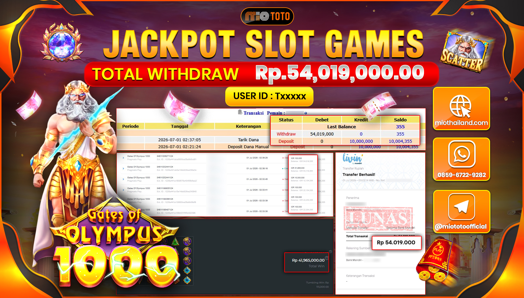 JACKPOT SLOT GATES OF OLYMPUS 1000 Rp.54,019,000 DI BAYAR TUNAI !!!