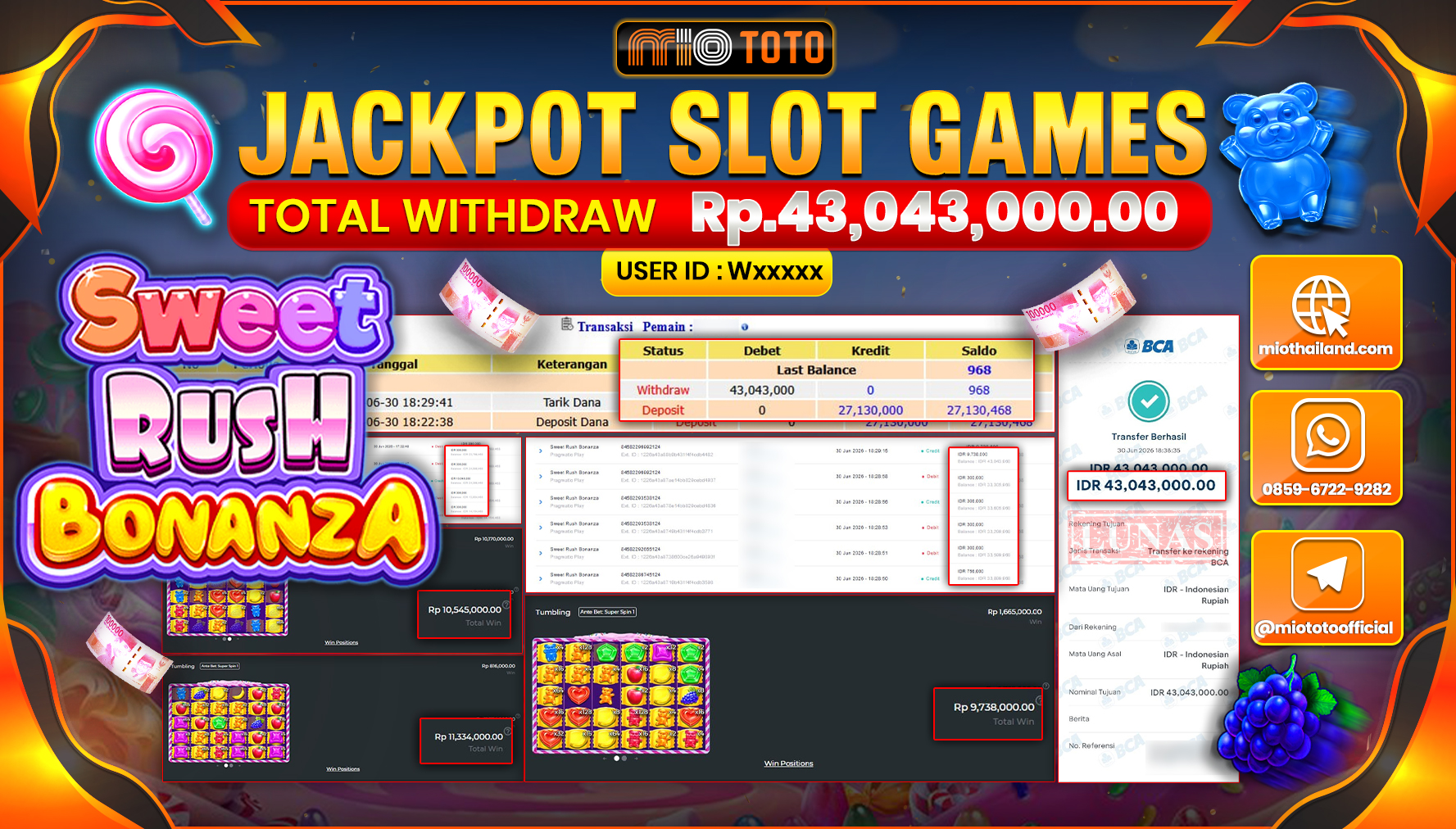 JACKPOT SLOT SWEET RUSH BONANZA Rp.43,043,000 DI BAYAR TUNAI !!!