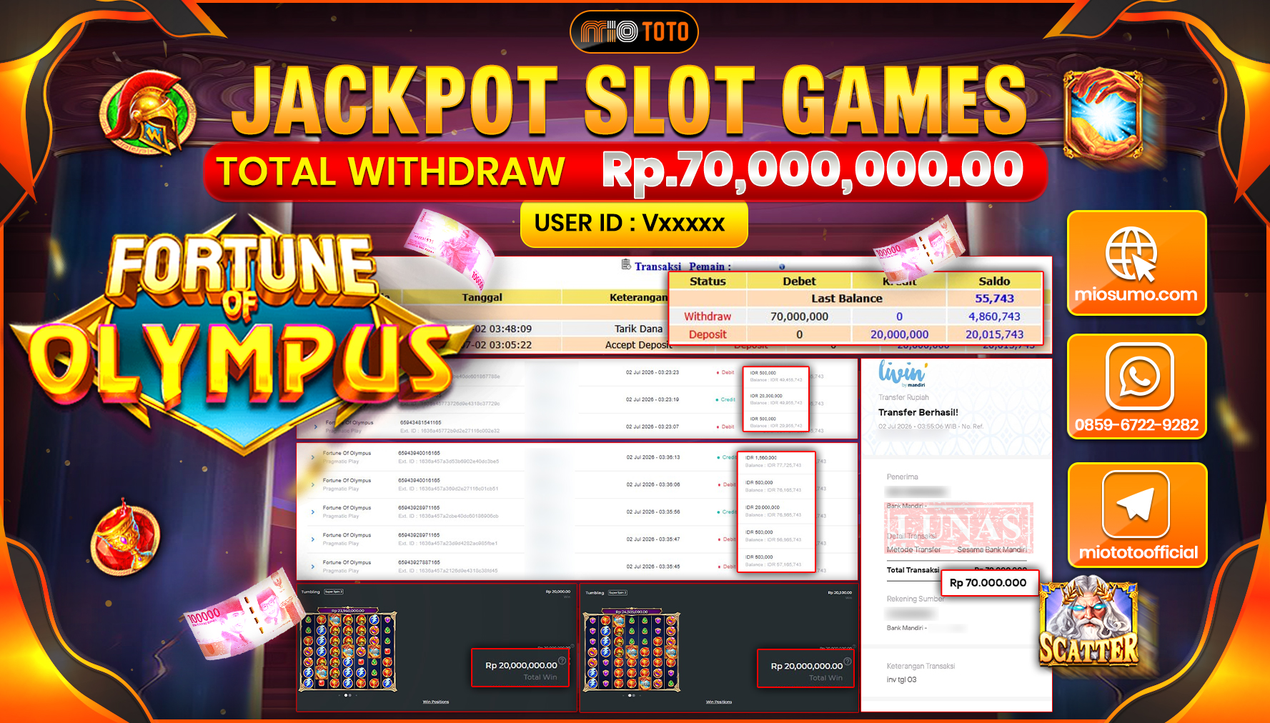 JACKPOT SLOT FORTUNE OF OLYMPUS Rp.70,000,000 DI BAYAR TUNAI !!!