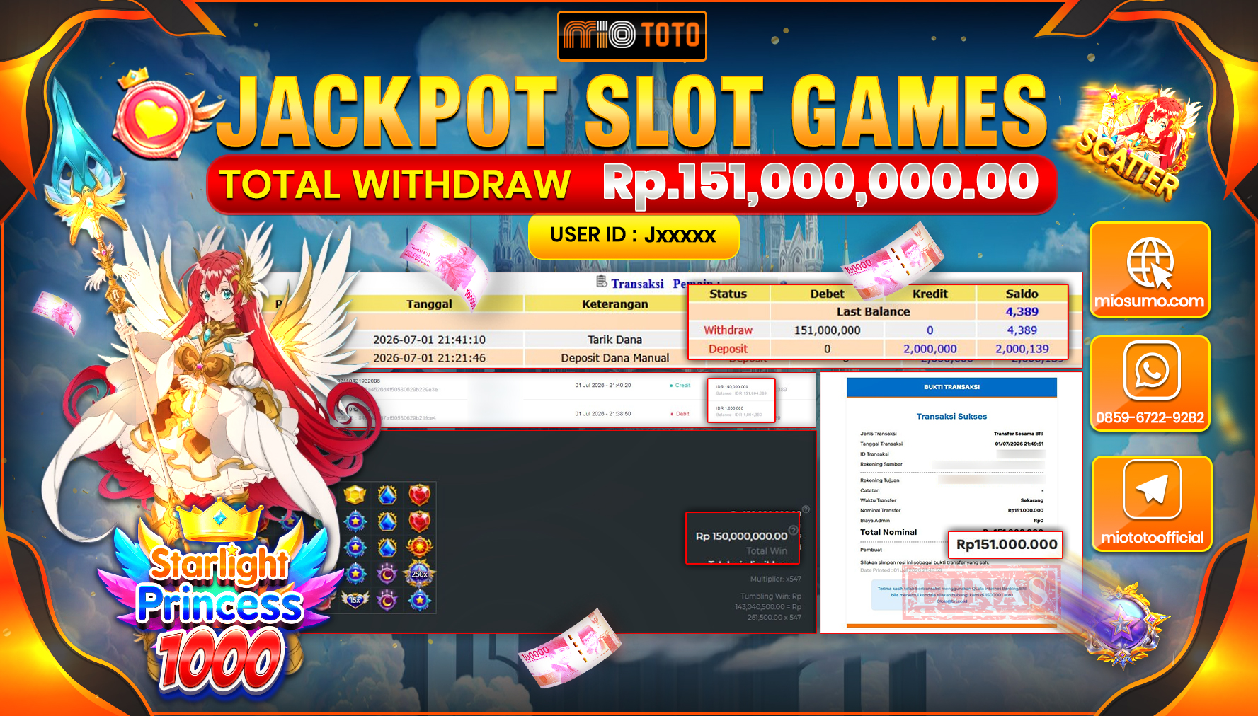 JACKPOT SLOT STARLIGHT PRINCESS 1000 Rp.151,000,000 DI BAYAR TUNAI !!!