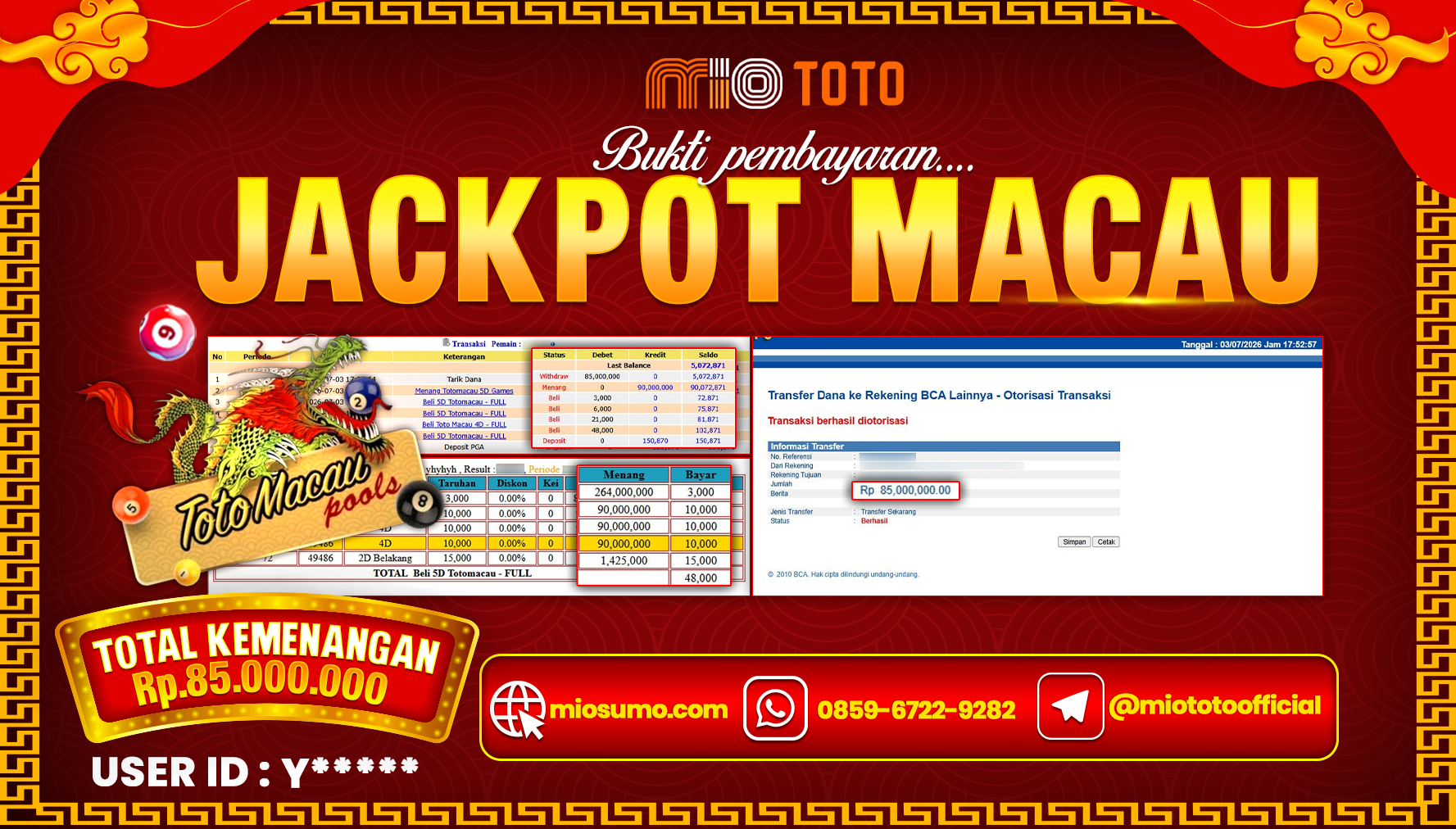 JACKPOT TOGEL TOTO MACAU 4D POOLS Rp.85,000,000 DI BAYAR TUNAI !!!