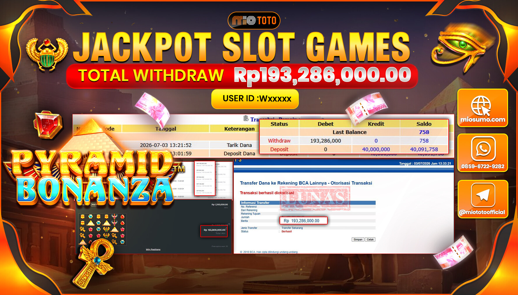 JACKPOT SLOT PYRAMID BONANZA Rp.193,286,000 DI BAYAR TUNAI !!!