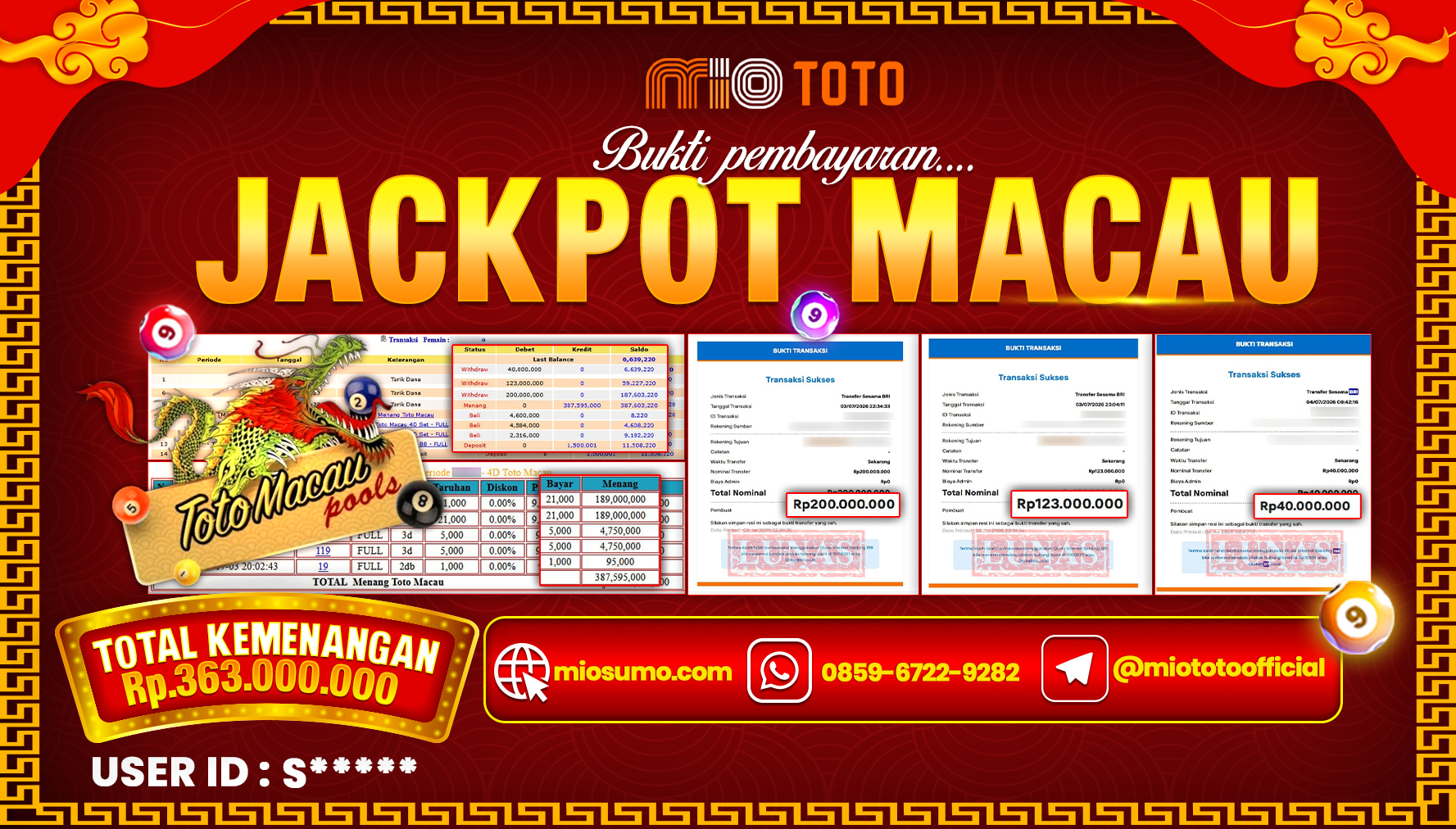 JACKPOT TOGEL TOTO MACAU 4D POOLS Rp.363,000,000 DI BAYAR TUNAI !!!