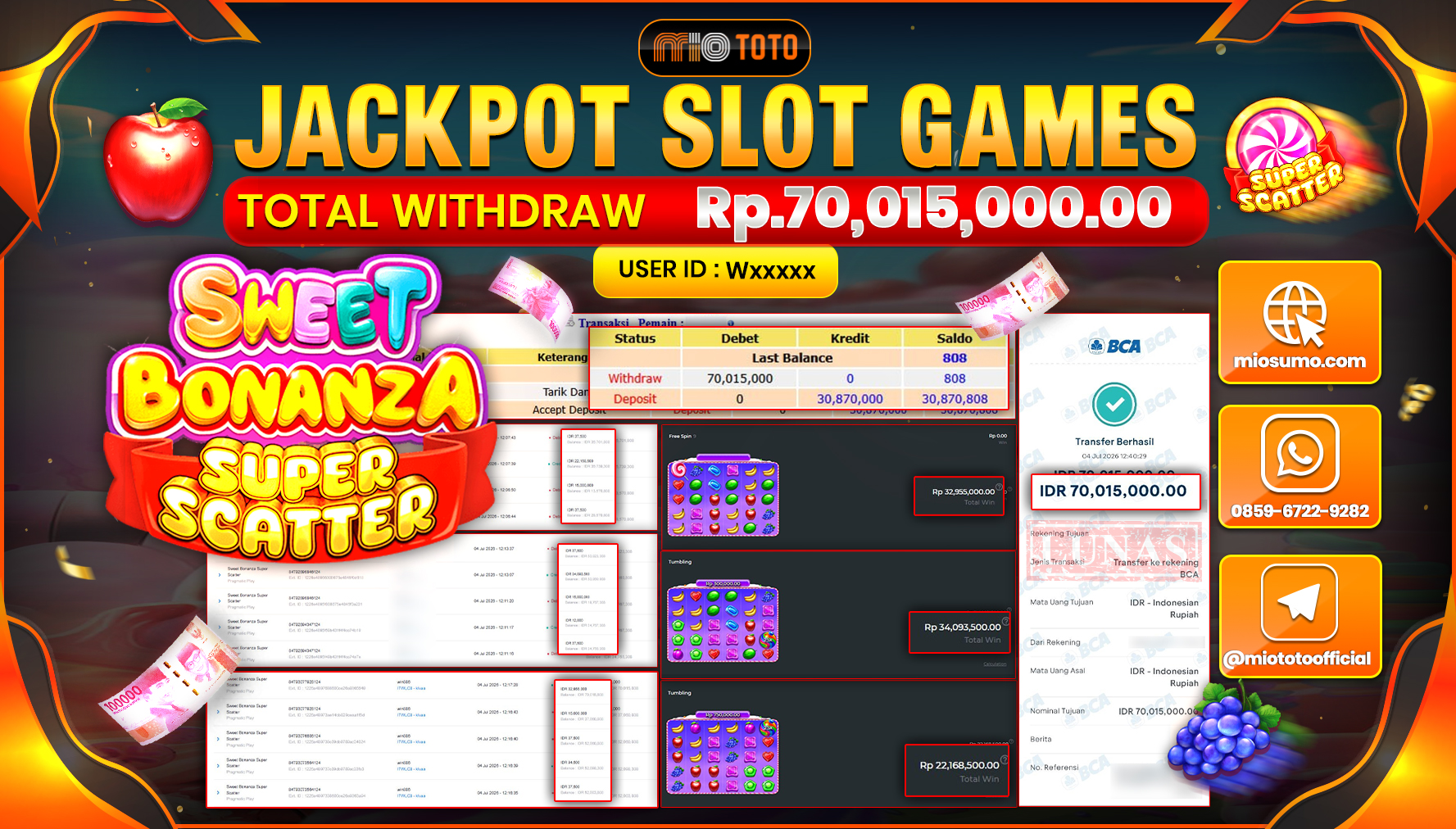 JACKPOT SLOT SWEET BONANZA SUPER SCATTER Rp.70,015,000 DI BAYAR TUNAI !!!