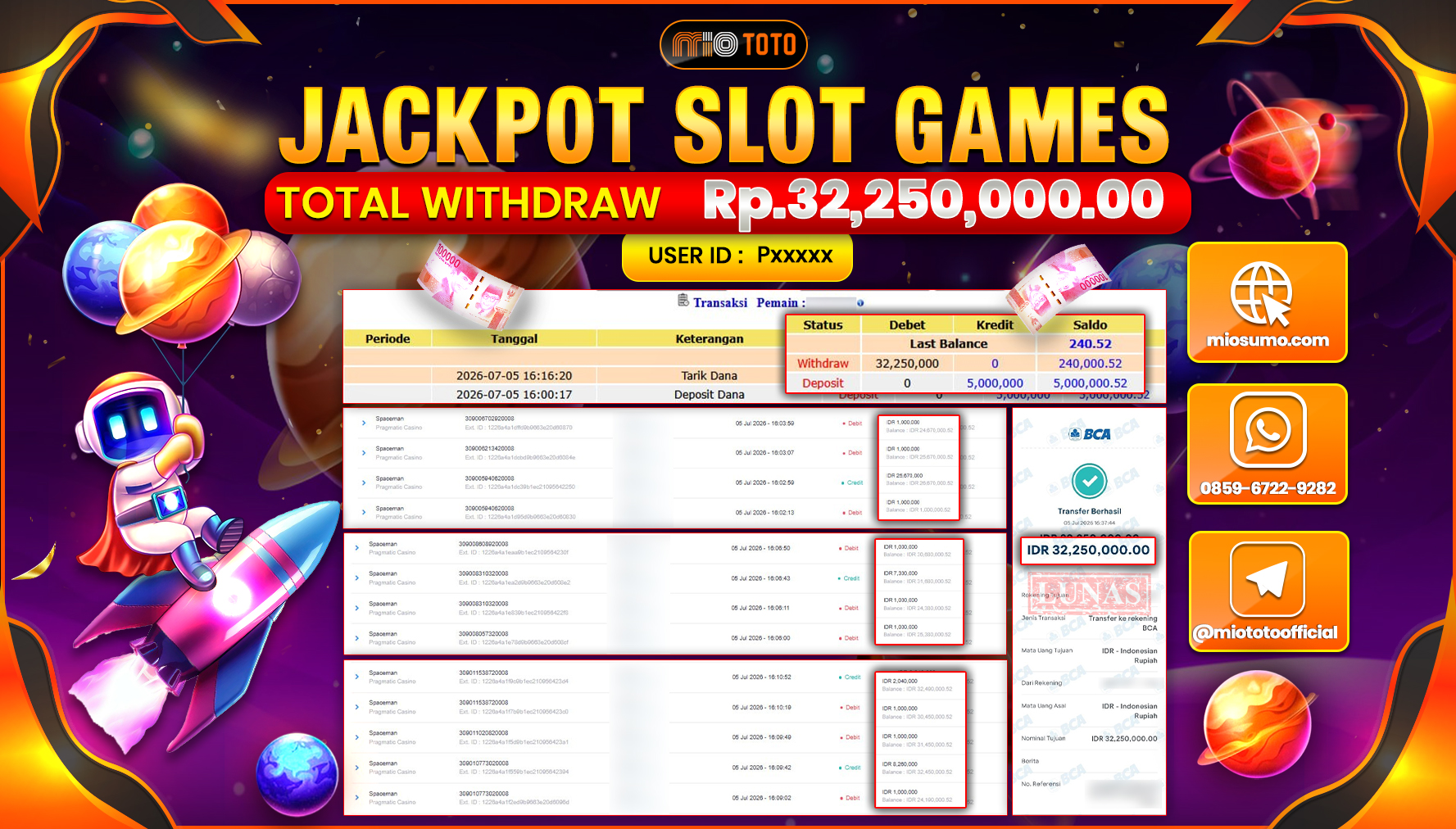 JACKPOT SLOT SPACEMAN Rp.32,250,000 DI BAYAR TUNAI !!!