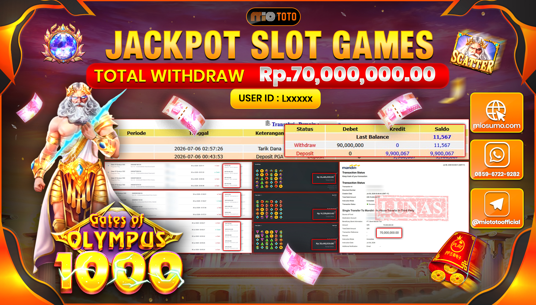 JACKPOT SLOT GATES OF OLYMPUS 1000 Rp.70,000,000 DI BAYAR TUNAI !!!