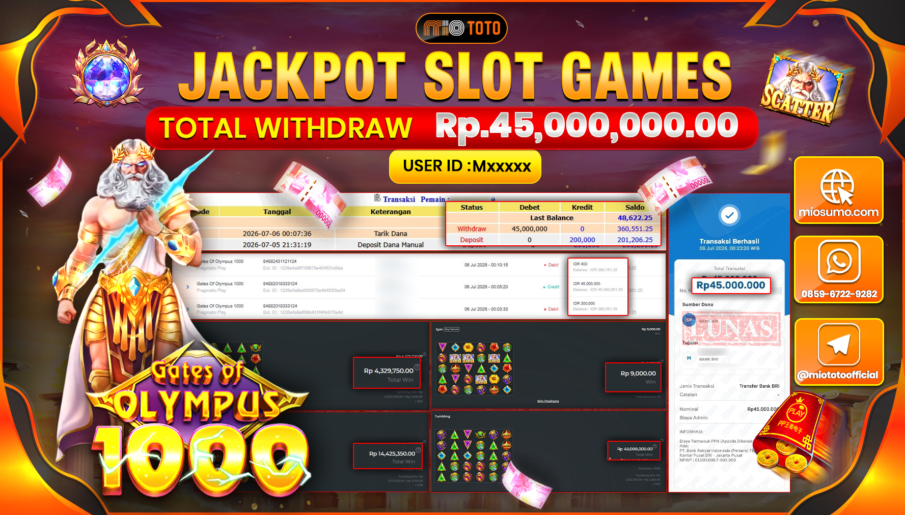 JACKPOT SLOT GATES OF OLYMPUS 1000 Rp.45,000,000 DI BAYAR TUNAI !!!