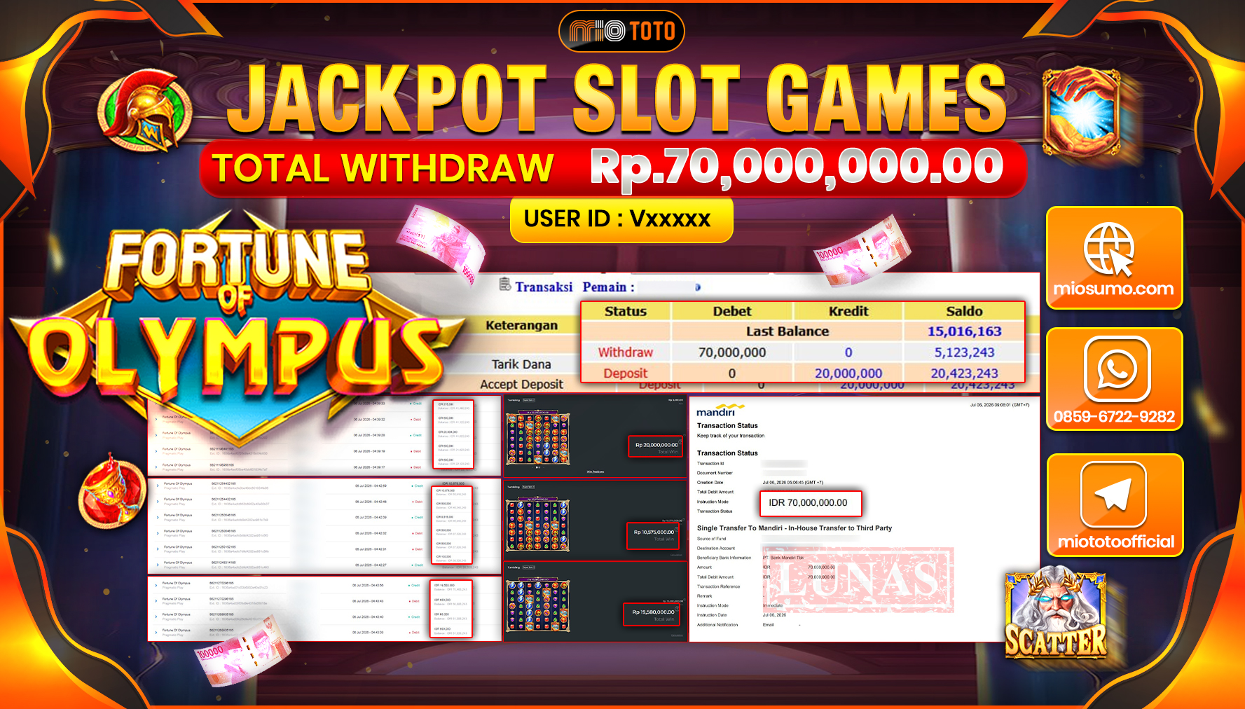 JACKPOT SLOT FORTUNE OF OLYMPUS Rp.70,000,000 DI BAYAR TUNAI !!!